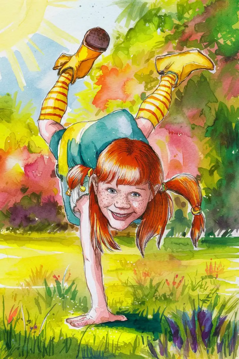 Full body image of Pippi Longstocking in watercolor style with red hair, freckles, yellow striped stockings, and yellow shoes
