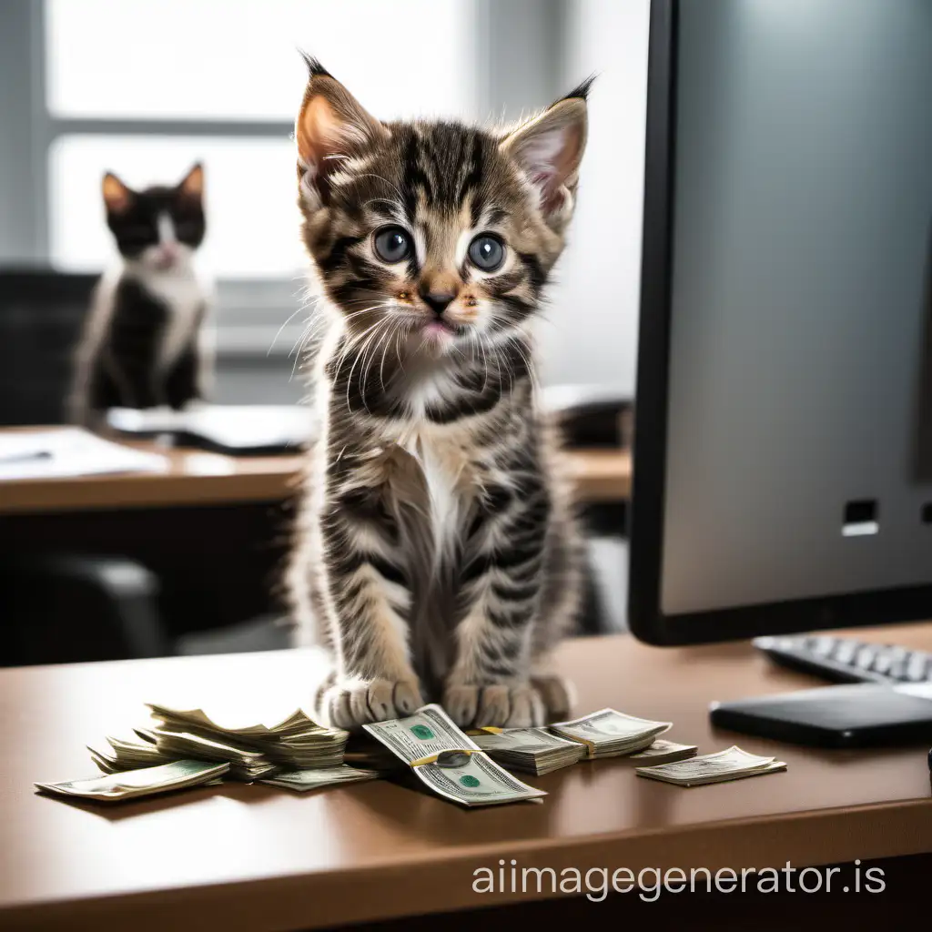 The kitten stands on its hind legs, spreading its front paws, looking at you with a plaintive and imploring gaze, asking for a salary from the director who sits behind the desk, counting money.