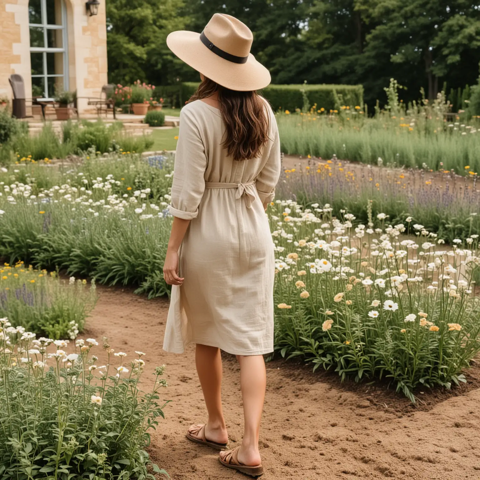 a healthy brunette woman from the back, in a beige linen dress, Birkenstock Arizona shoes and a hat cutting flowers out of the garden bed in the yard of her French Chateau