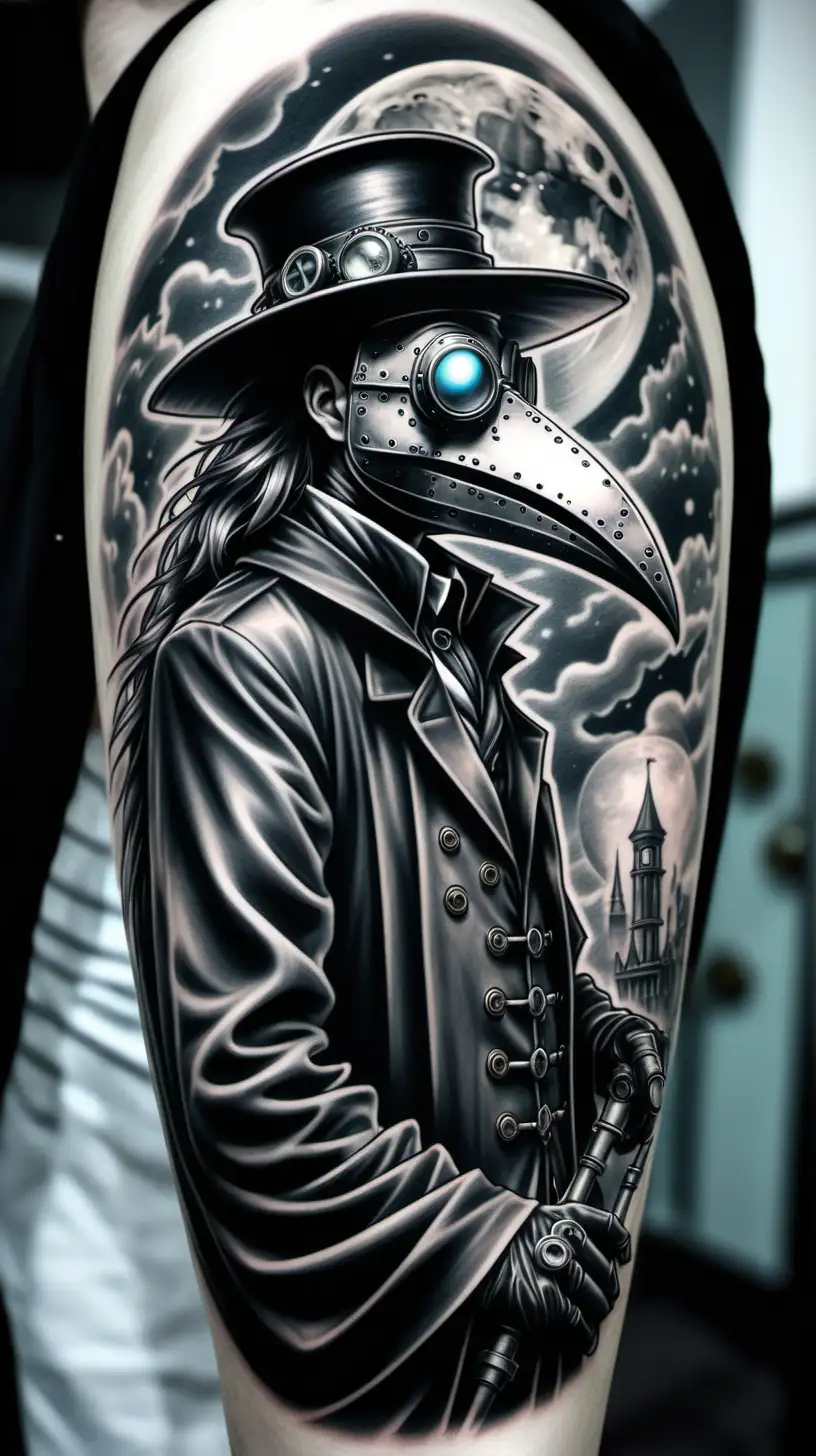 Tattoo of steampunk plague doctor, full moon, cloudy, greyscale 