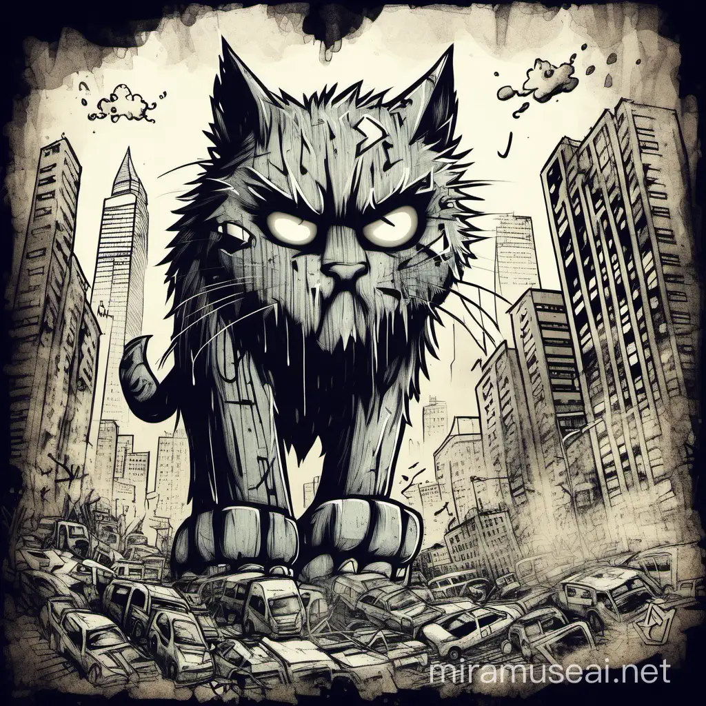 doodle sketch of a grungy giant cat destroying a city with graffiti