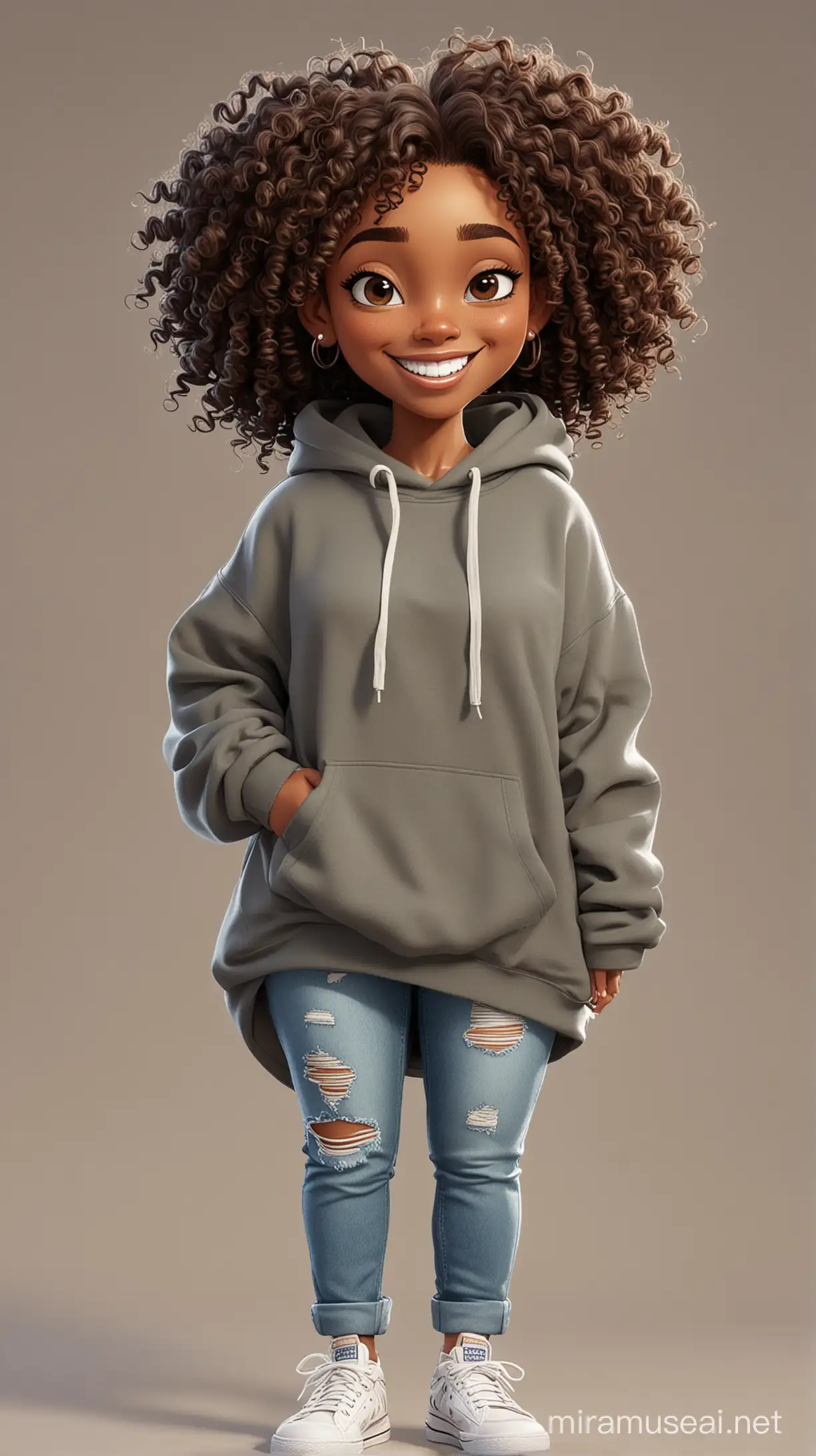 Cartoon black woman with curly hair, smiling wearing casual baggy sweatshirt 