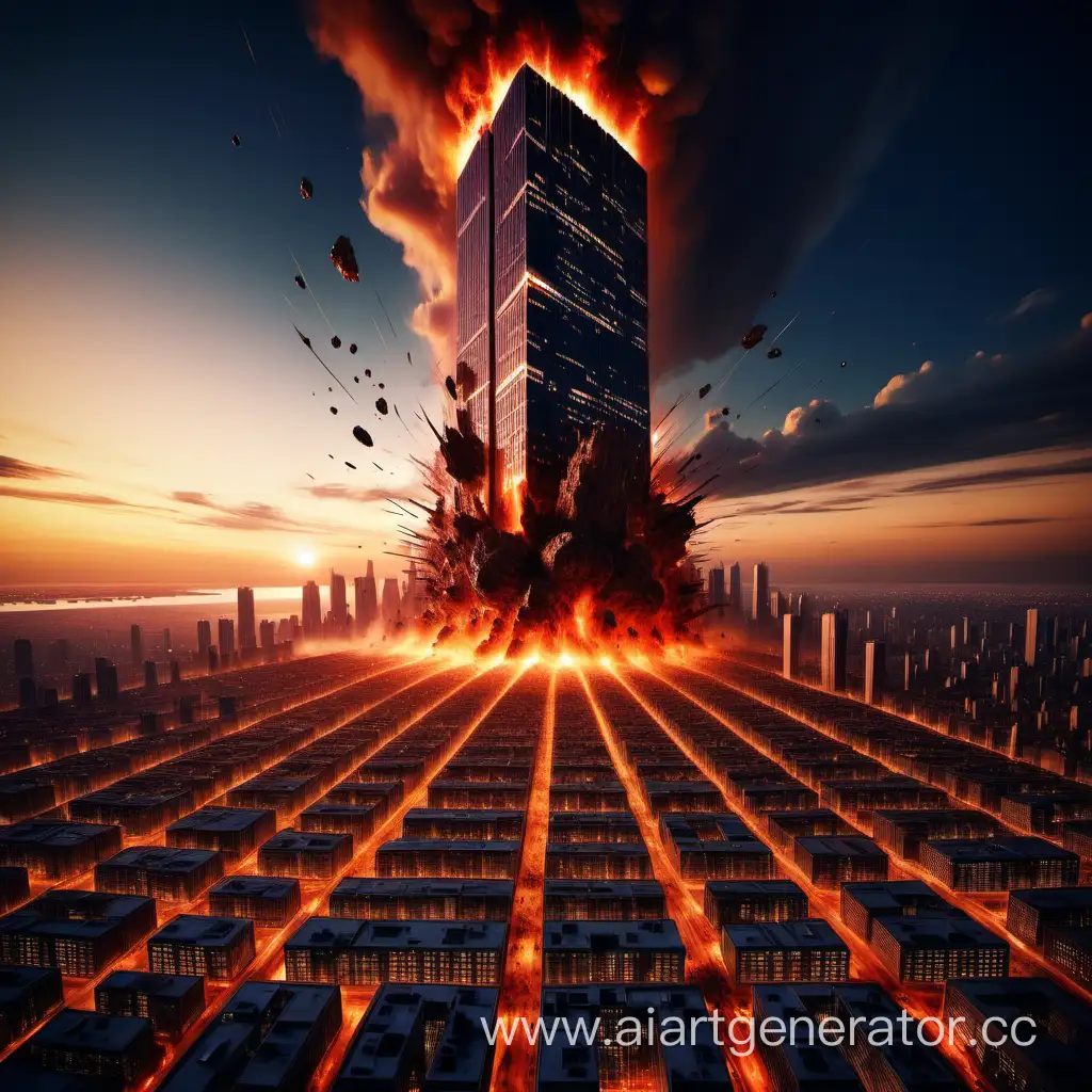 Dramatic-Sunset-Skyscraper-Explosion-with-Meteorite-Impact