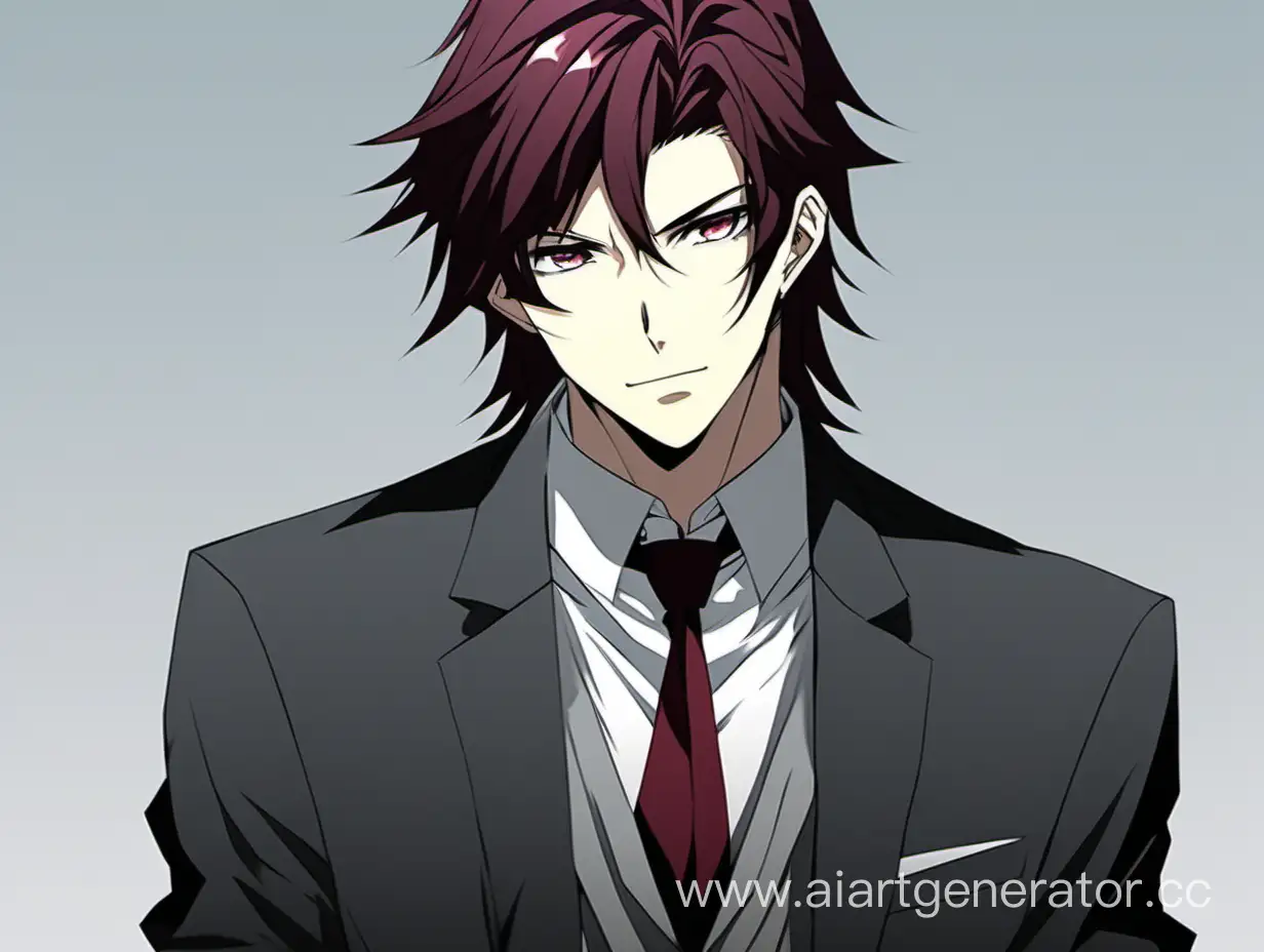 The anime character is a handsome young guy. thick eyebrows, square jaw, maroon long hair, gray eyes, tall stature, black suit