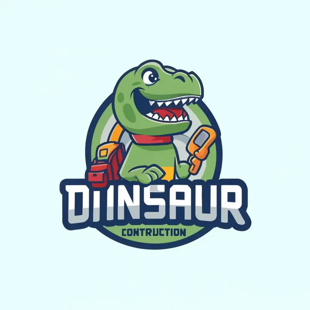 logo, cute dinosaur in green construction suit, cartoon, with power tools and bag, with the text "_", typography, be used in Technology industry