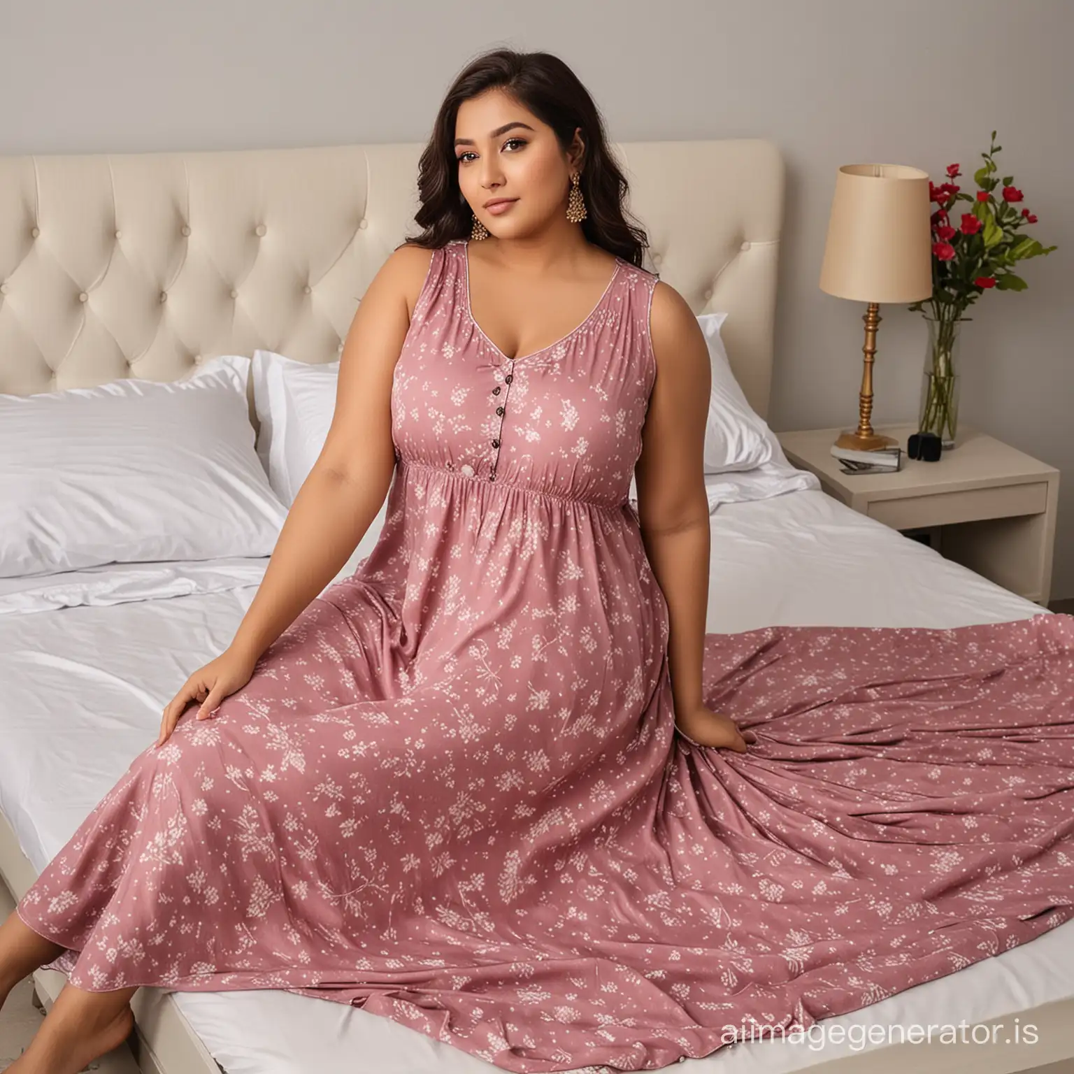 Elegant-Plus-Size-Indian-Woman-in-Sleeveless-Nighty-Resting-on-Bed
