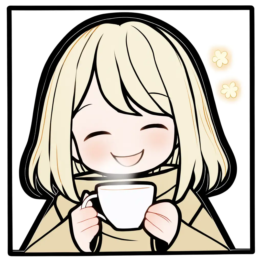 black outline of a girl saying enjoying a cup of tea, white background