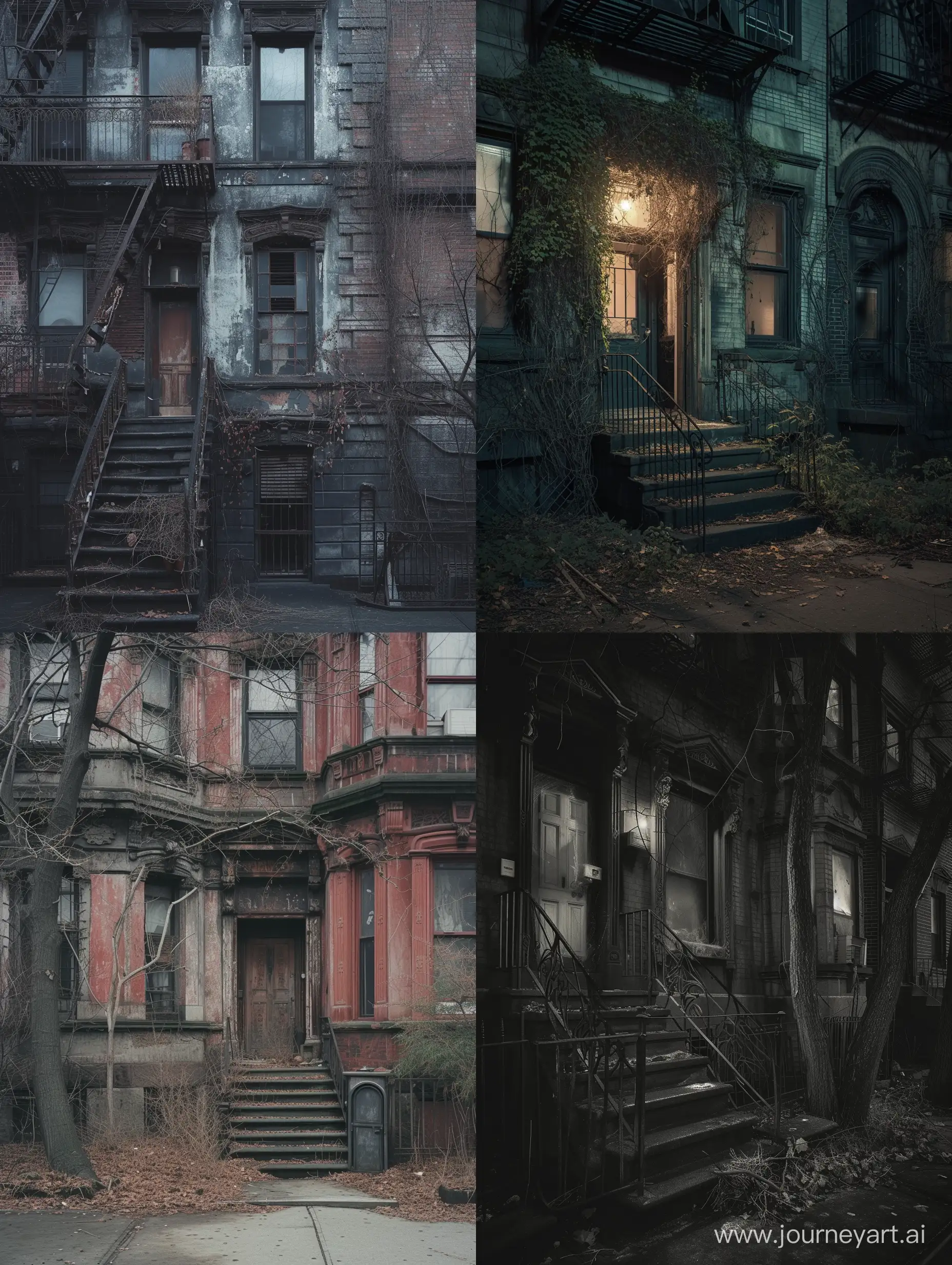 A very spooky looking apartment outside in manhattan, new york city, in the style of a large format film photograph, rundown, not kept well, in the style of sean kozak photographer from brooklyn