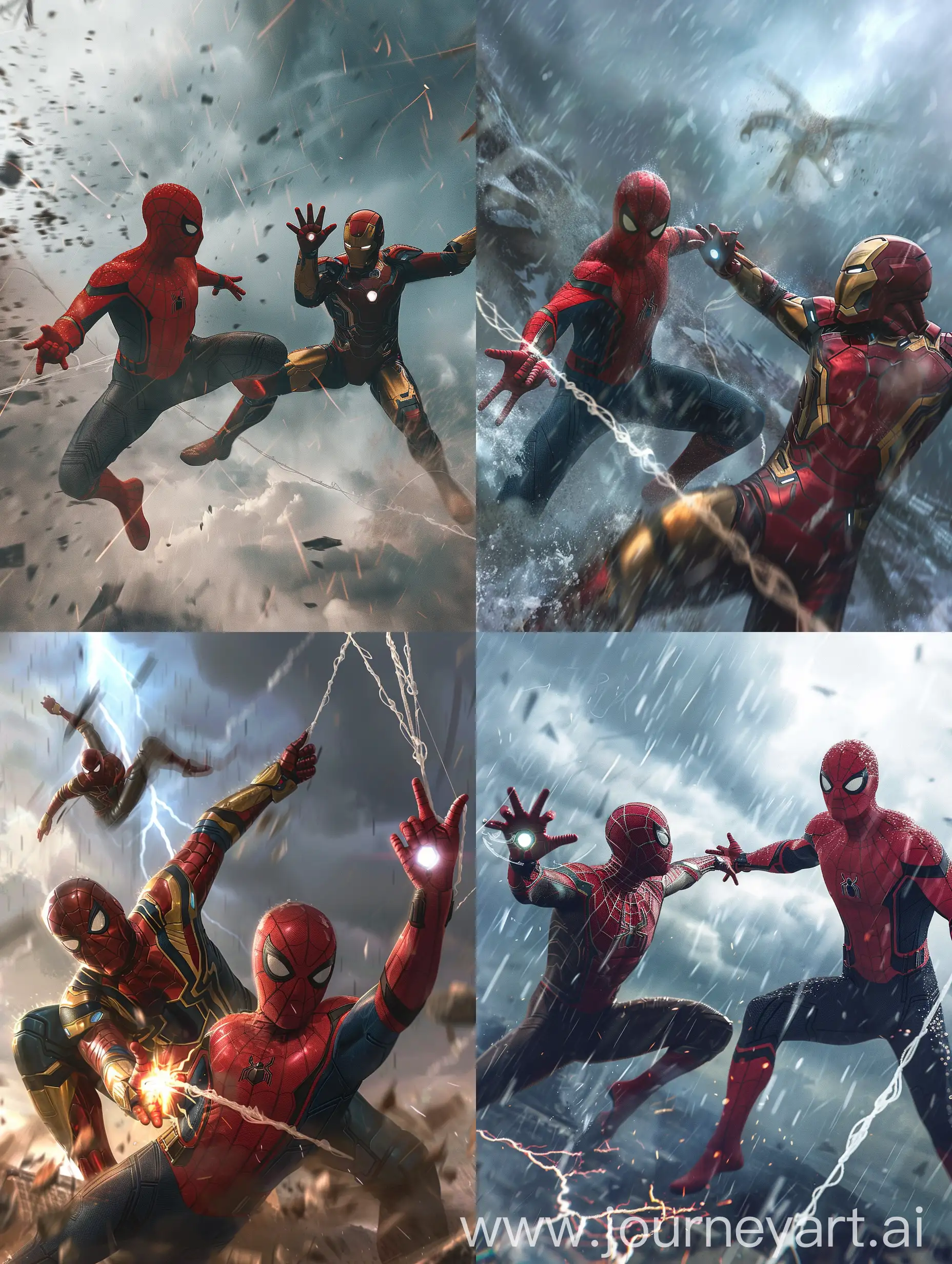 Spiderman and ironman duel in the sky,storm,cinematic,very realistic,very clear,ultra hdc