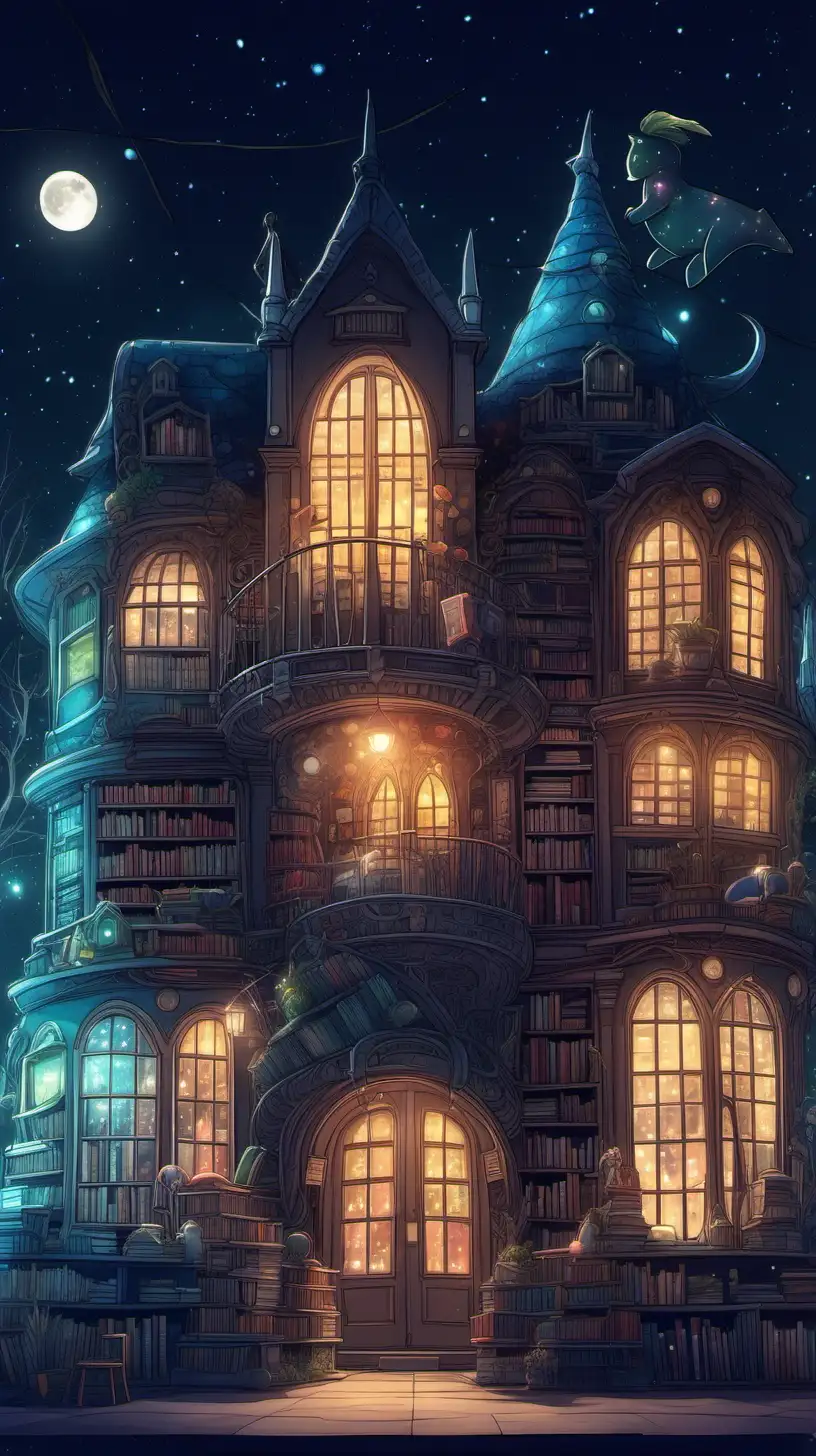 Enchanting Night View of a Whimsical Library Exterior