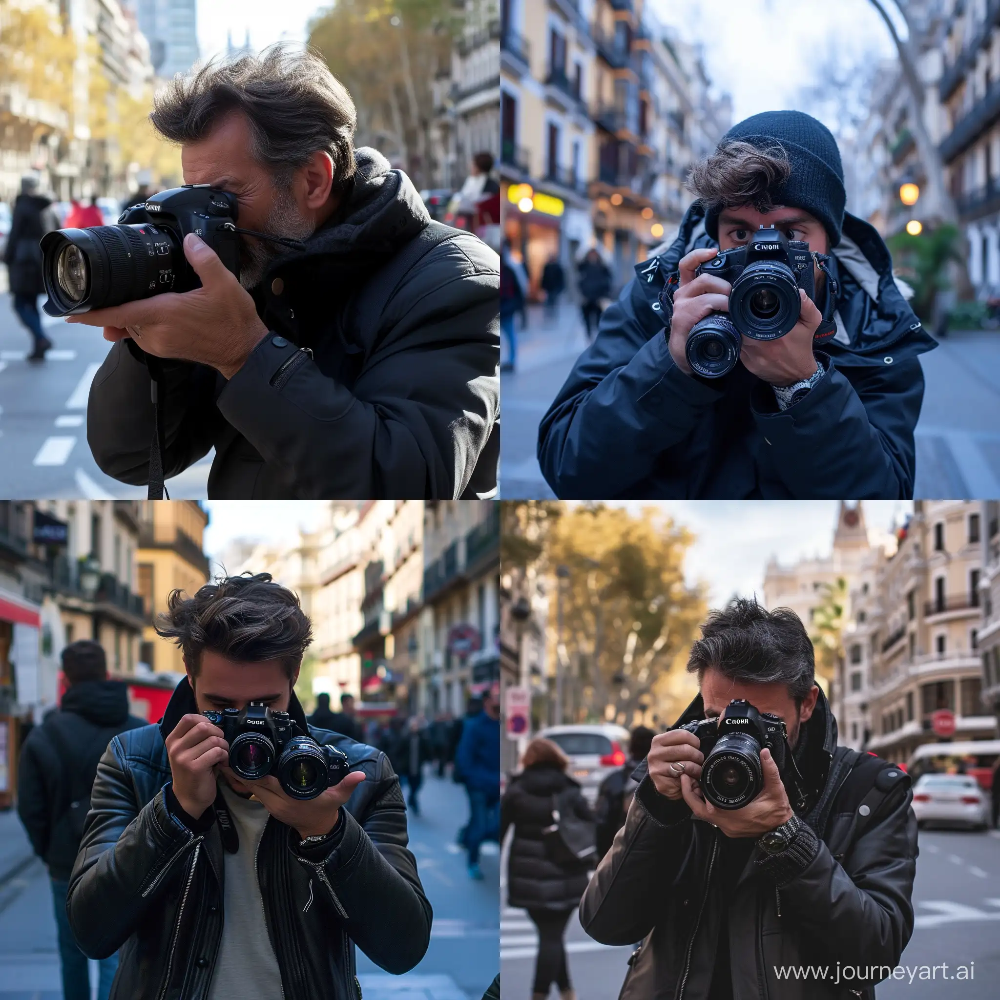 un fotografo con dos camaras en las manos en la calle de madrid