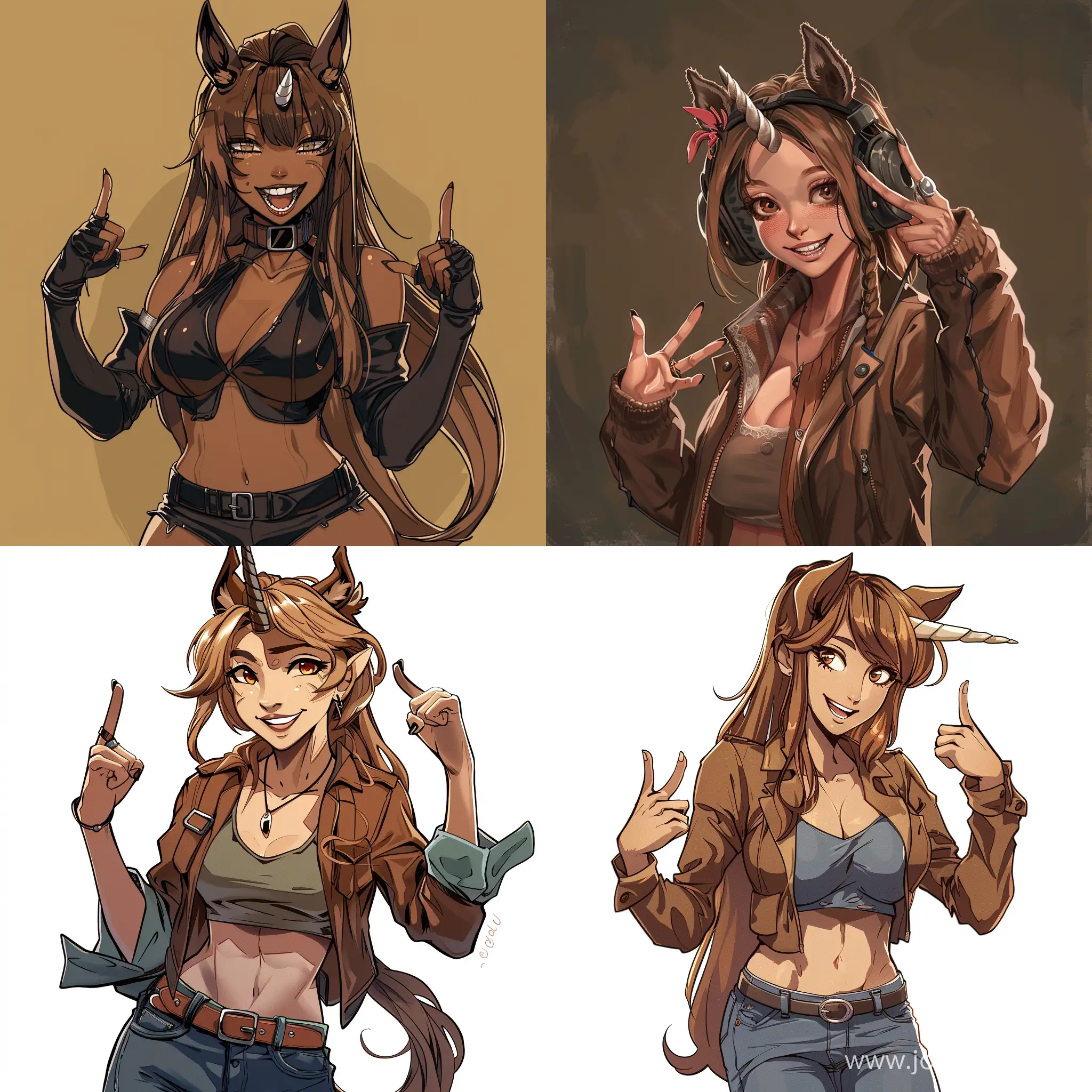 1 female, anthro ( horse head, animalistic, almost human, hooves, 3 fingers, horse tail), sexy, flirty, smiling, modern clothes, looking at camera 