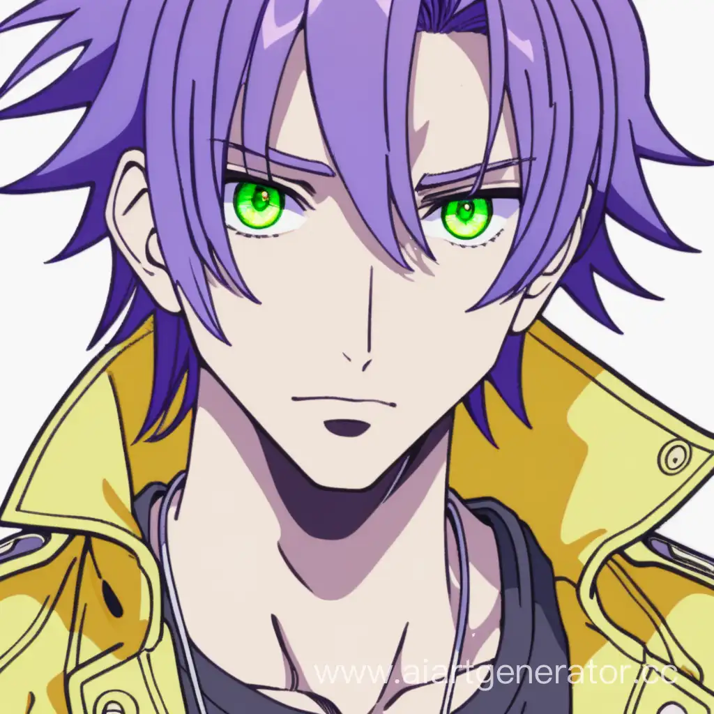 Молодой парень с ярко зелеными глазами жёлтой куртке на распашку белая футболка фиолетовые волосы 2D аниме 