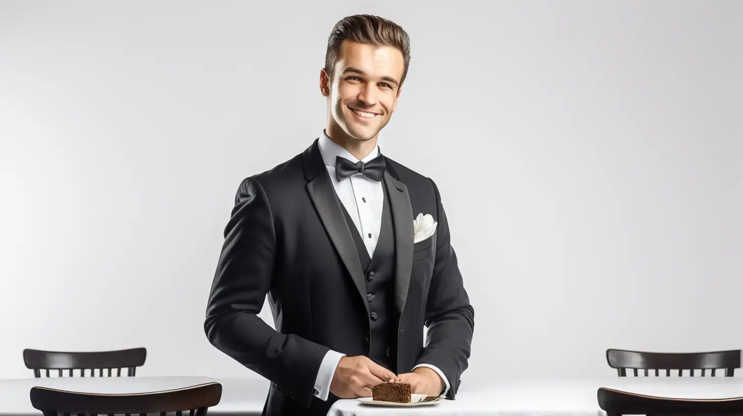 on a white background, a handsome thirty-year-old waiter in tuxedo stands next to an elegant table at caffe and smiles charmingly