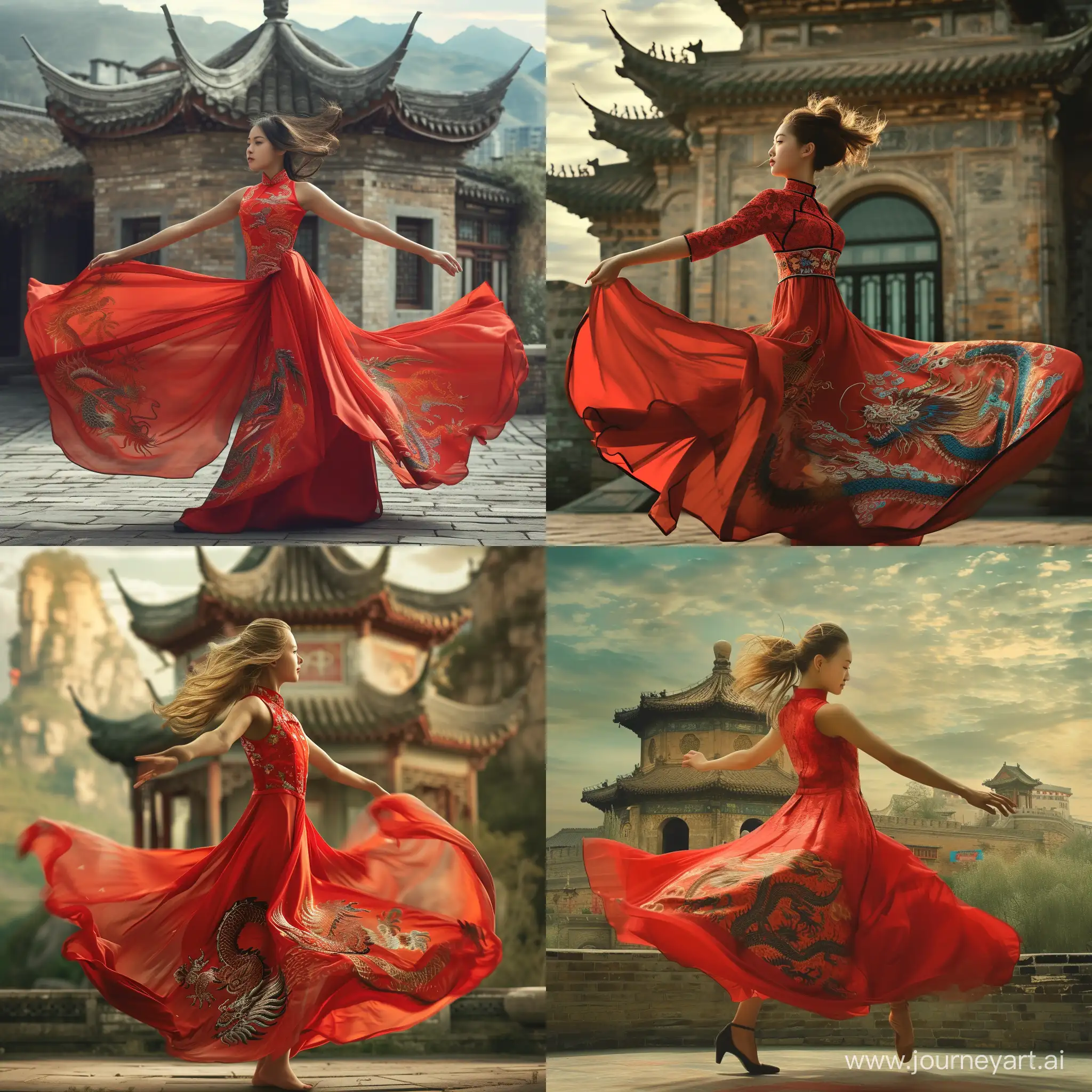 一个女孩，穿着红色的裙子，裙子上是中国龙的图案，在一个古色古香的古建筑前翩翩起舞