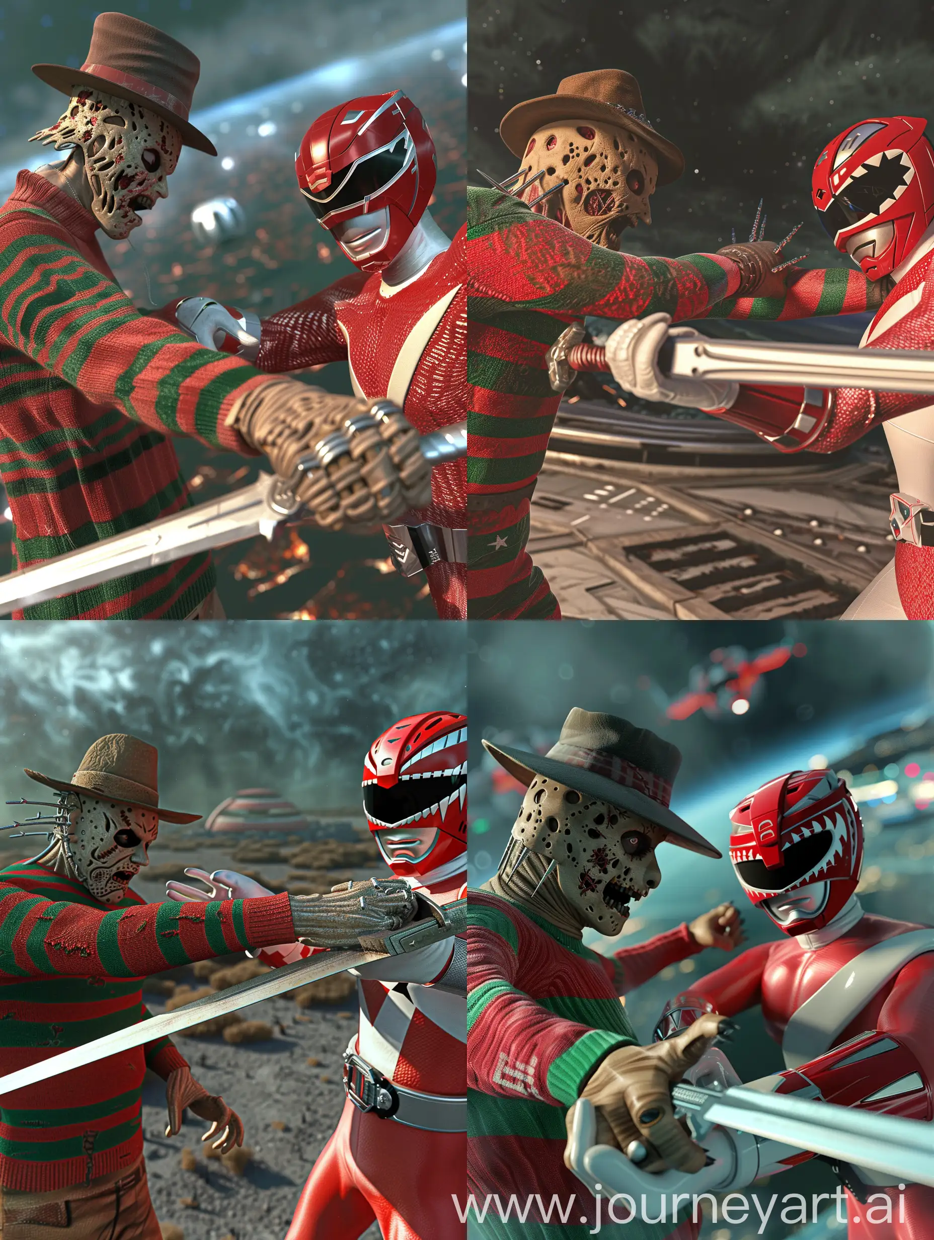 3d render style. Freddy Krueger from Nightmare on Elm Street is fighting against Red Ranger from Power Rangers. On the left Freddy Krueger wearing his iconic red and green striped sweater. He has the traditional fedora hat that he wears in the style of all his Nightmare films. The hand is holding an iron claw. On the right Red Ranger wearing his iconic red and white costume including his iconic belt, holding a sword. Futuristic space land background.