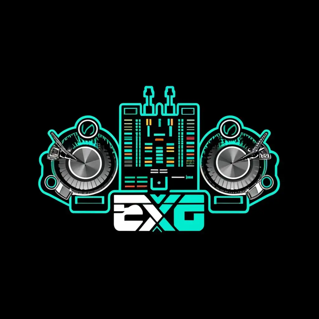 logo, DJ Mixer - TurnTables, with the text "DJ eXo", typography, be used in Entertainment industry