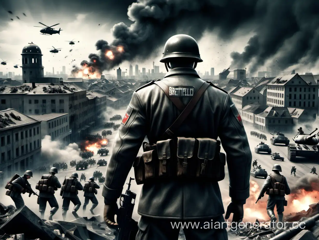 Немецкий солдат на переднем плане, поле битвы, огромная армия, Wolfenstein, штурм города, отчаянная оборона противника