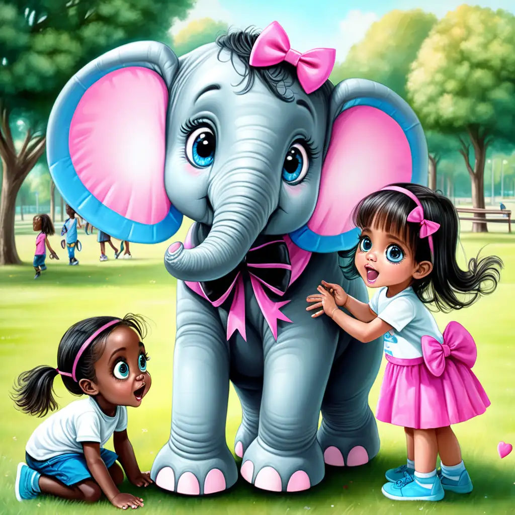 girl elephant with cute big eyes wearing pink blue bow with long hair playing with black and white children together in the park