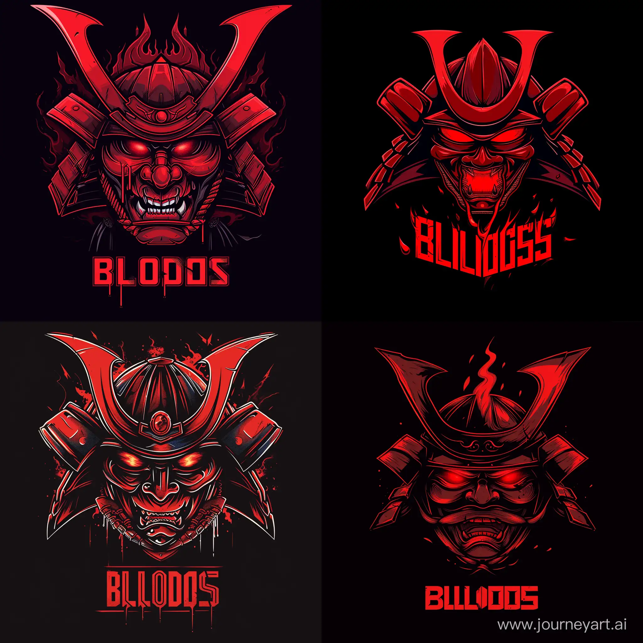 red cyber samurai head logo, red burning eyes, in down text "BLOODS"