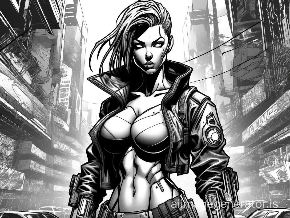 Extremely Detailed Full Body Rendering Of A Cyberpunk Fighter Girl, Perfect Body And Face, Hugue Boobs, Gorgeous, Cartoon Character, Vibrant, Black and White Graphics, Character Design, Sharp Focus, Comics Draw Style, Beautiful Muscular, Professionally Retouched, Eldritch