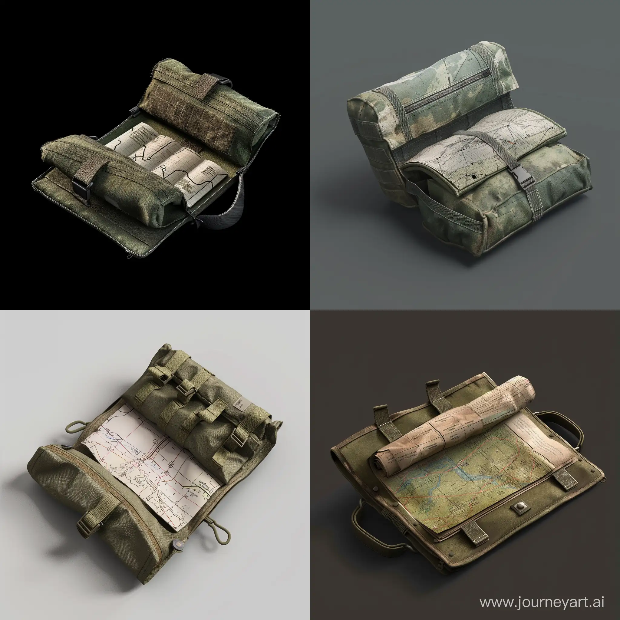 isometric military mapping folded paper in small opened military pouch, 3d render, no background, tarkov style