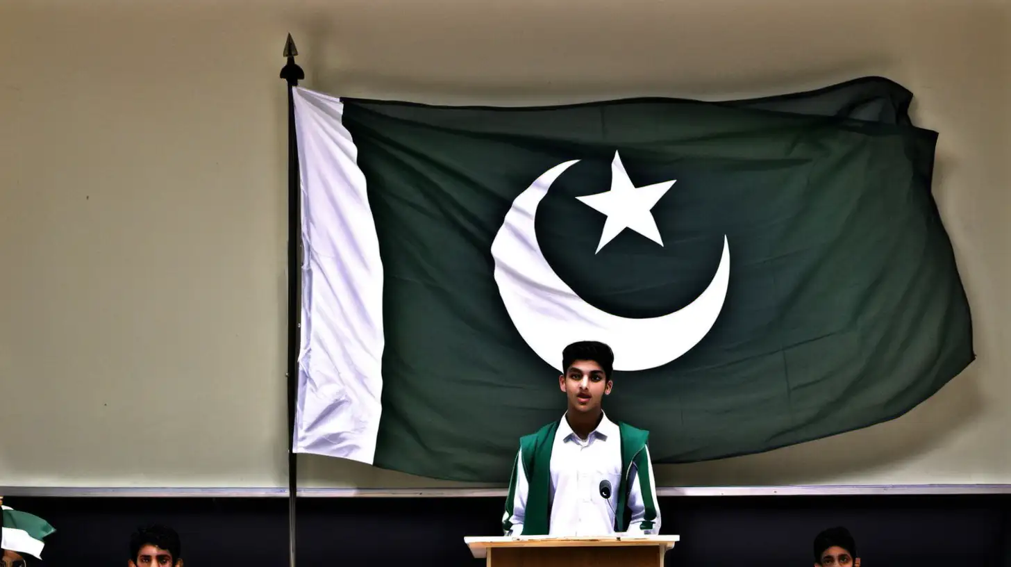 Passionate Student Speech in Front of Pakistani Flag Inspiring Unity and Progress