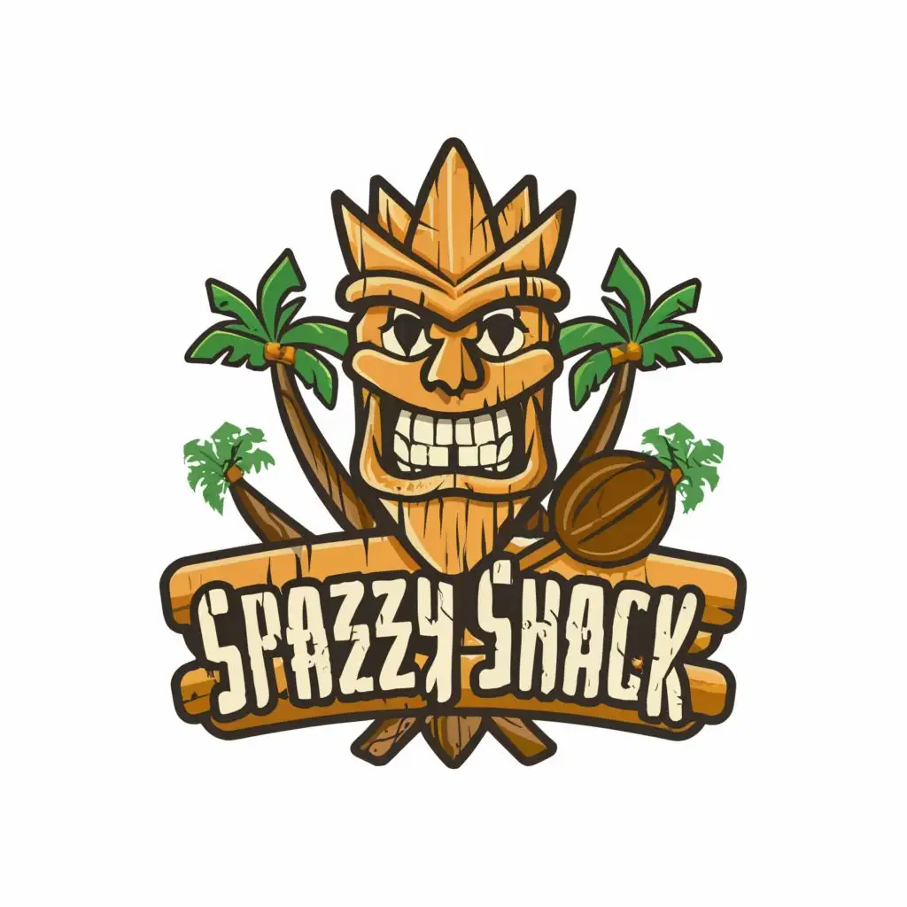 logo, , Inspired vector logo Tiki style that highlight the richness of the islands and everything they have to, , offer. bright and detailed image , Posters Puzzles & More, white only background, with the text "SpazzyShack", typography