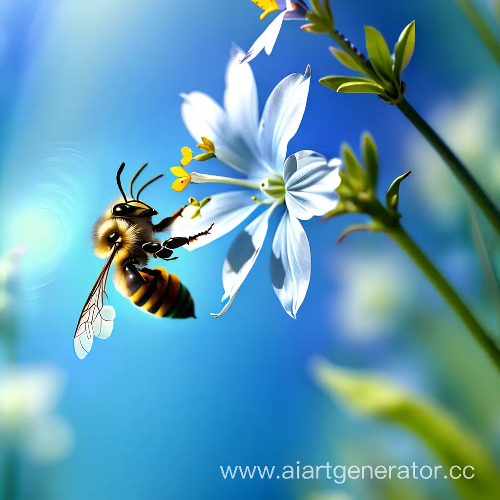 Весенний нежный фон голубой  наверху одна пчелка