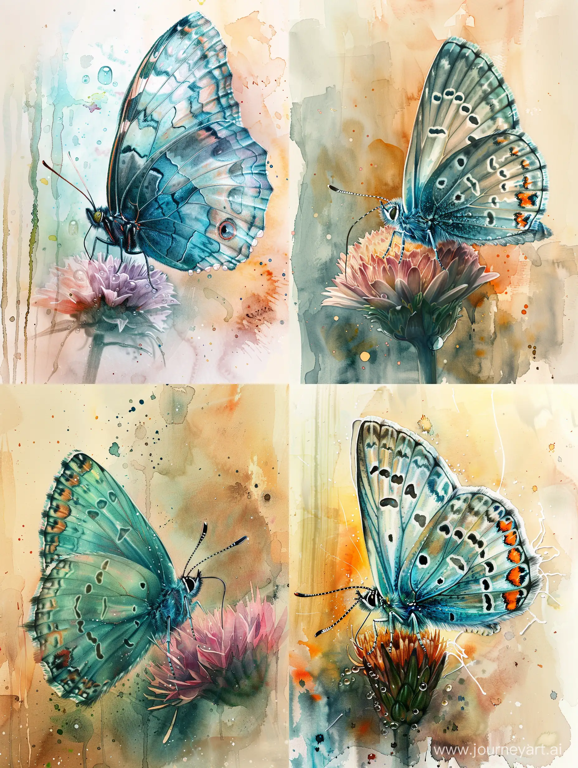 Ethereal-Butterfly-Resting-on-a-DewKissed-Flower-in-BlueGreen-Ochre-Watercolor