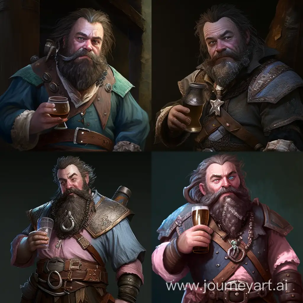 A pirate dwarf with a prosthetic hook, light pink skin, blue eyes, brown hair and a dirty beard, a pirate saber on his belt. drinking rum from a bottle in a tavern