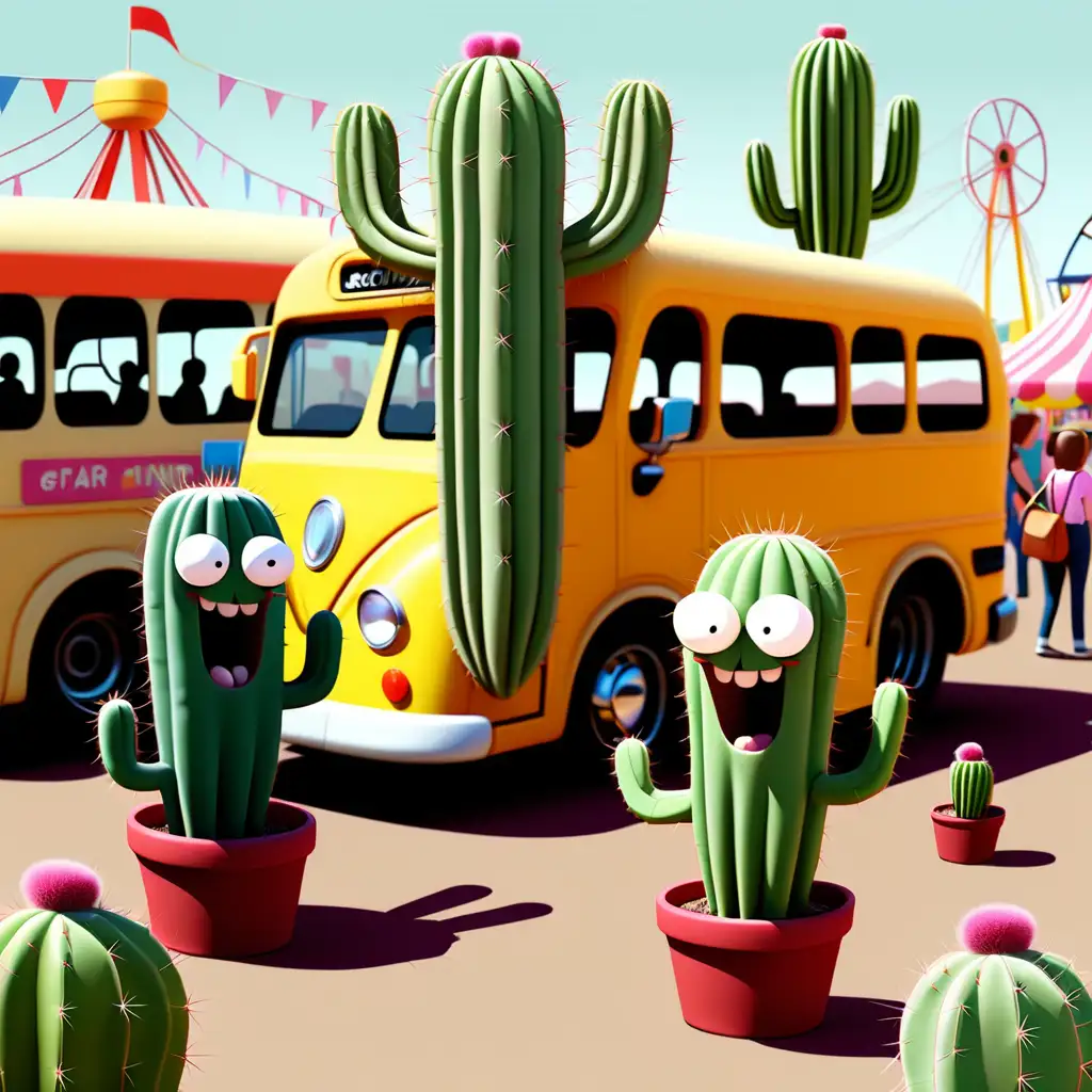 Whimsical Cactus Characters Boarding a Fun Fair Bus