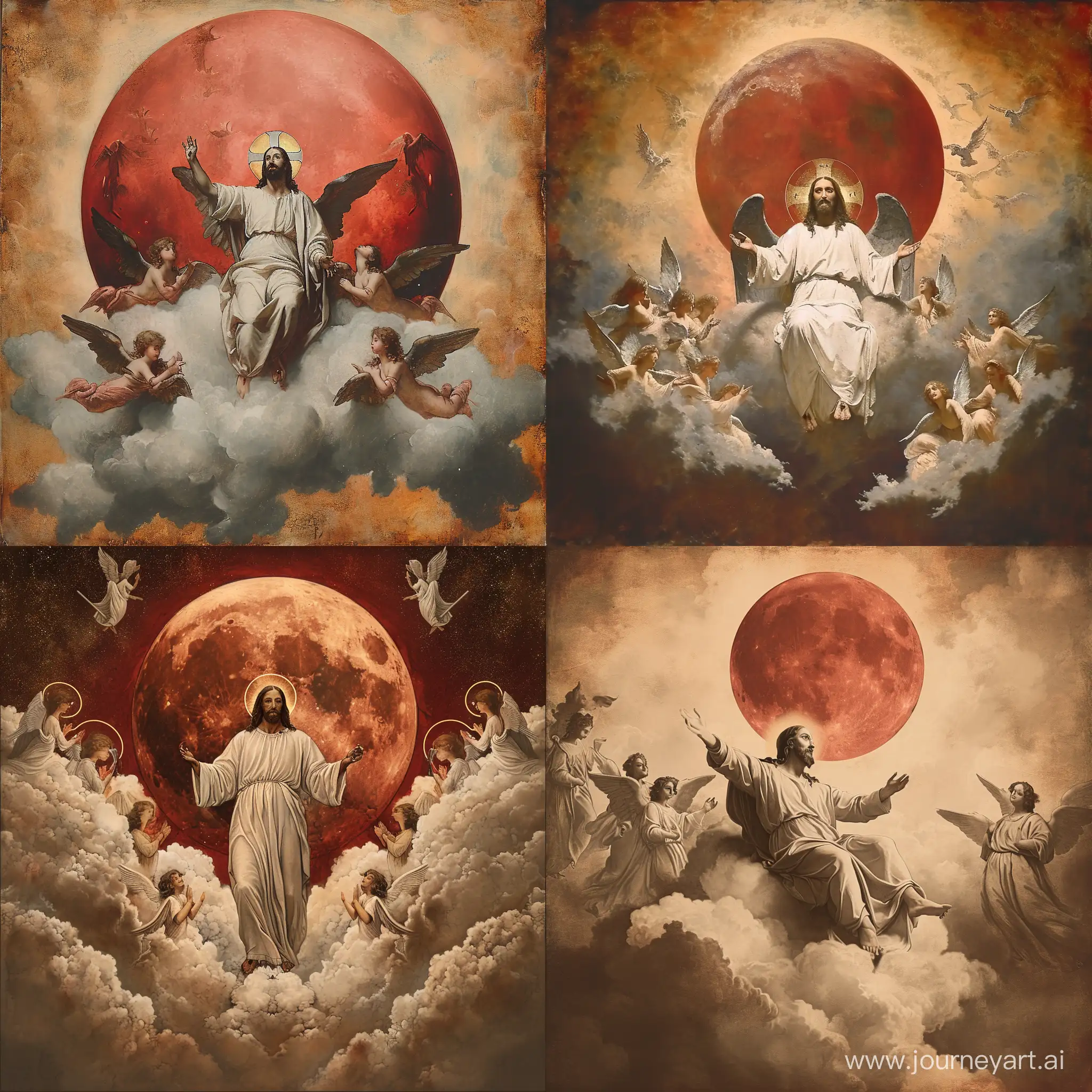jesus christ in the clouds with angels and behind him a red moon