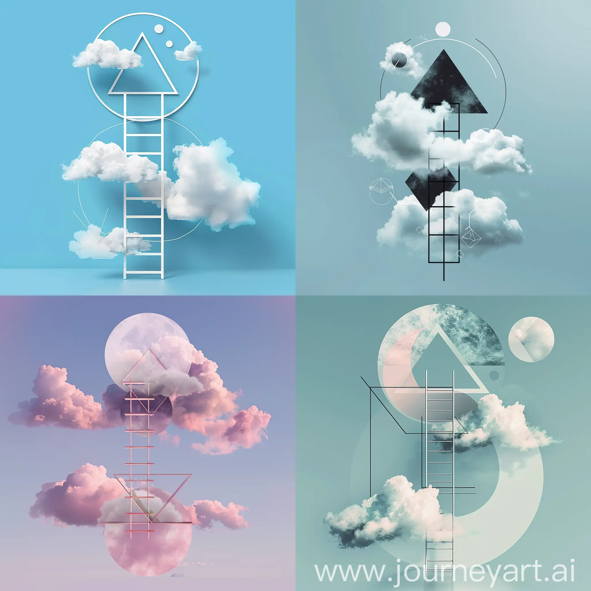 Ladder with an upper and lower circles made out of geometric shapes incorporated with clouds