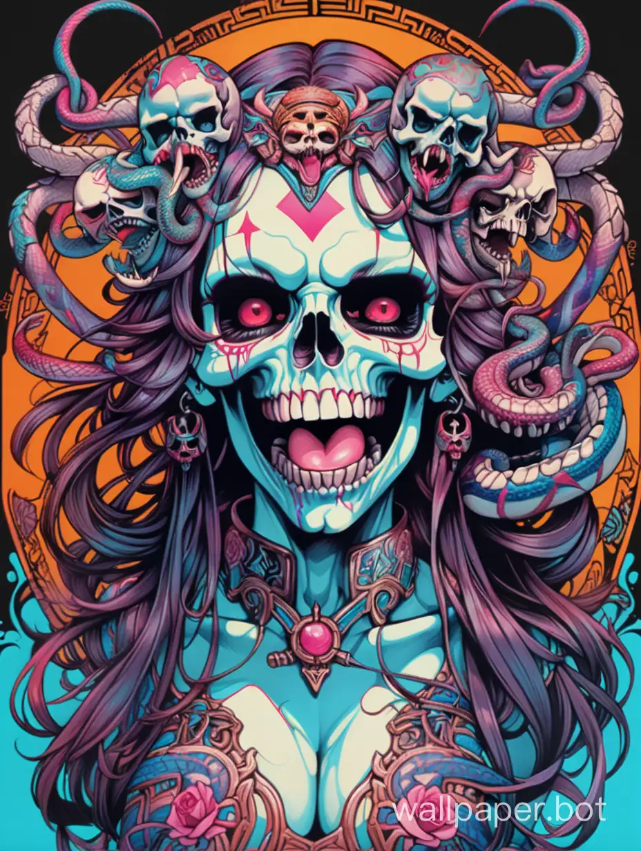 skull young Succubi , skull Beautiful face, devil laugh crazy, open mouth with tongue, chaos ornamental, neon snakes, darkness, assimetrical, chinese poster, torn poster edge, alphonse mucha hiperdetailed, highcontrast, pantone chromatic dripping colors, explosive colors, sticker art