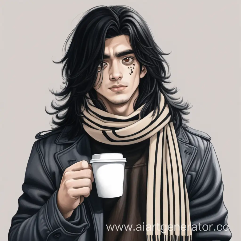 Young-Man-with-Coffee-and-Striped-Scarf-Expressing-Fatigue