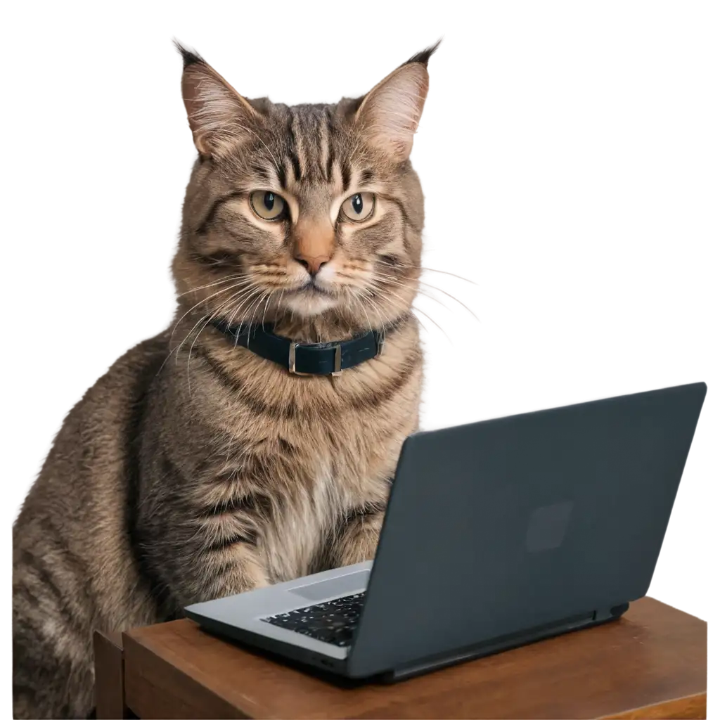 A tabby cat wearing glasses sits at the desk and uses a laptop