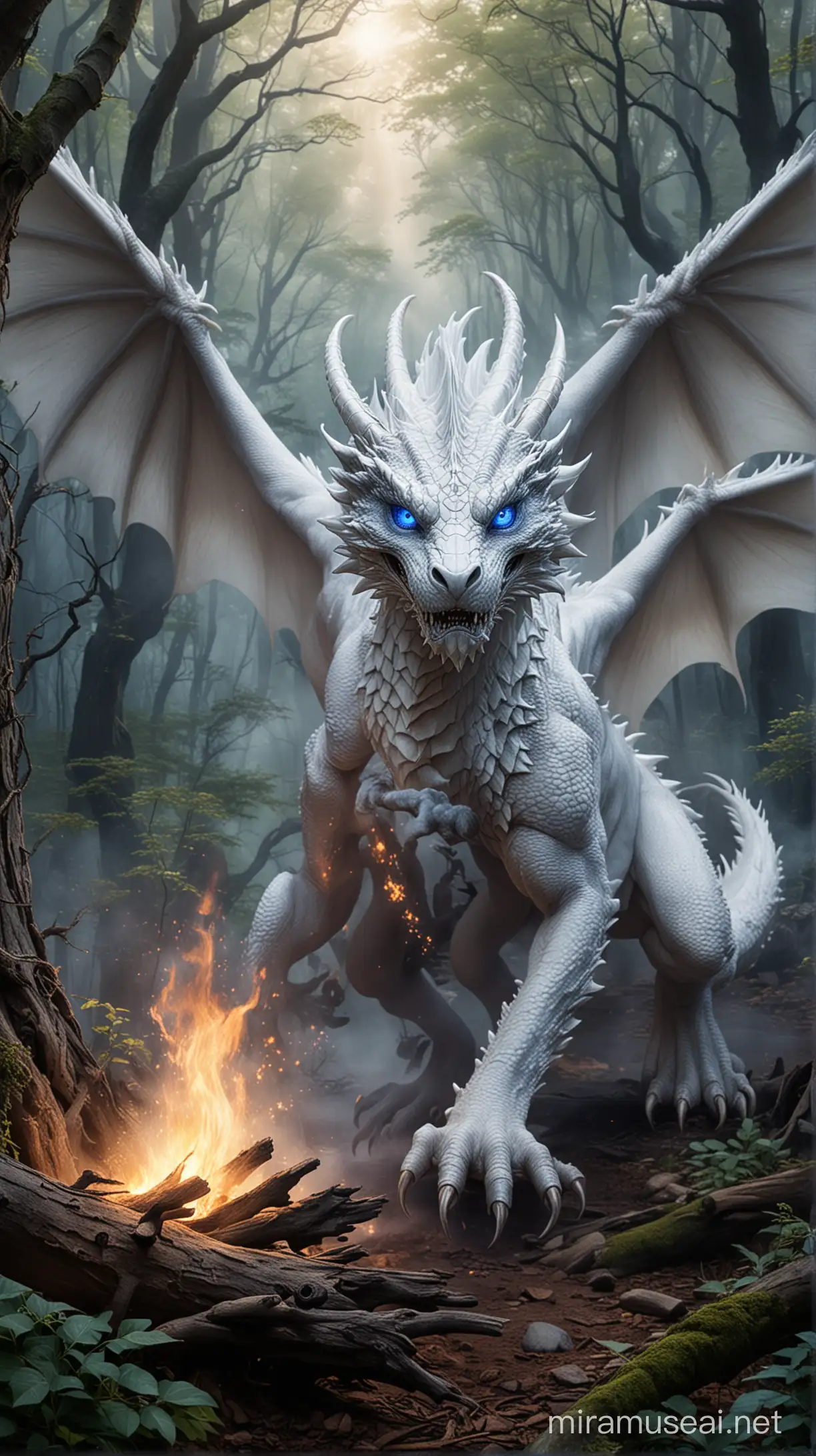 Mystic white dragon with indigo eyes in a enchanted mystical wooded area with fierys flying all around 