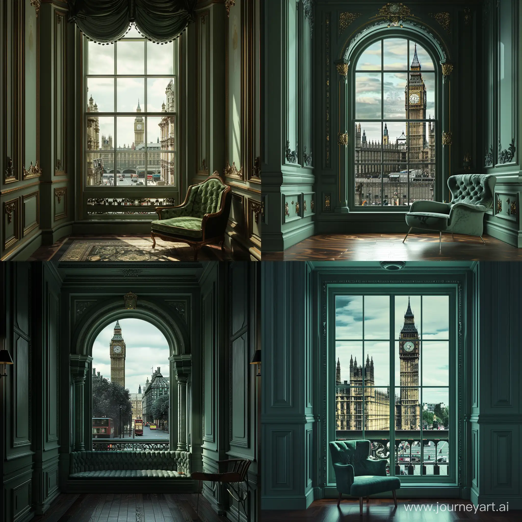 A victorian hotel room. Main color should be dark green. It should be a traditional room that looks like it has been modified to be modern, but retains its traditional victorian decoration. Make it so that it can be used in an architectural portfolio. The window, which has no balcony, should show a streetscape with the big ben.