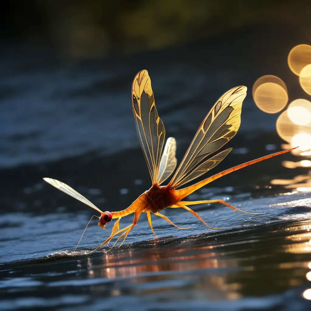 Capture a moment of exquisite tension and natural beauty as a  (Pteronarcys Californica) dances on the surface of a river. The sunlight glistens off the water, casting a mesmerizing glow as the insect performs its intricate ballet.
