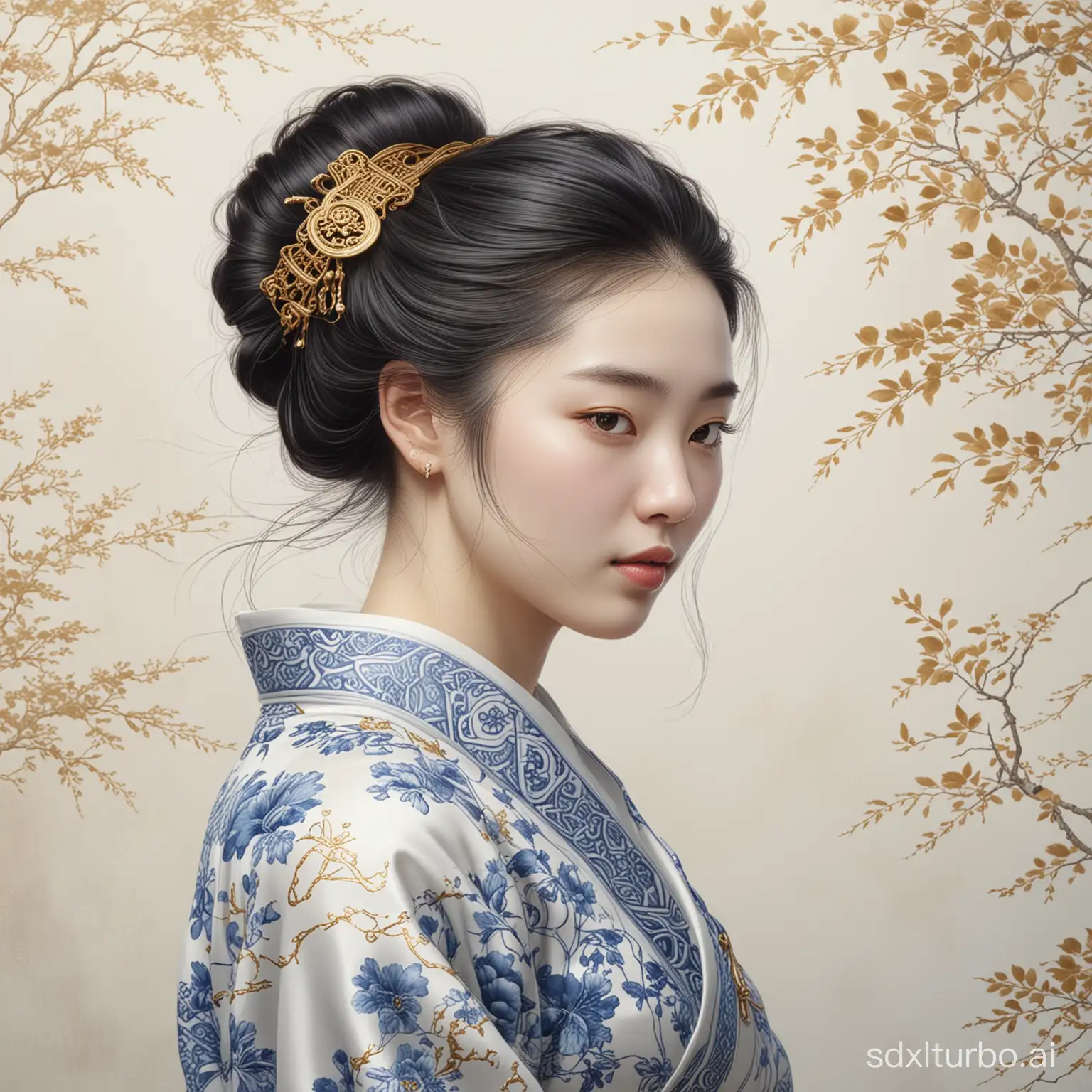 A blue and white porcelain material with golden cracks, in which there is an illustration of Woman in the style of Chinese silk thread, with delicate details. The background color is pale and clean, high detail, realism, depth of field, traditional drawing, realism