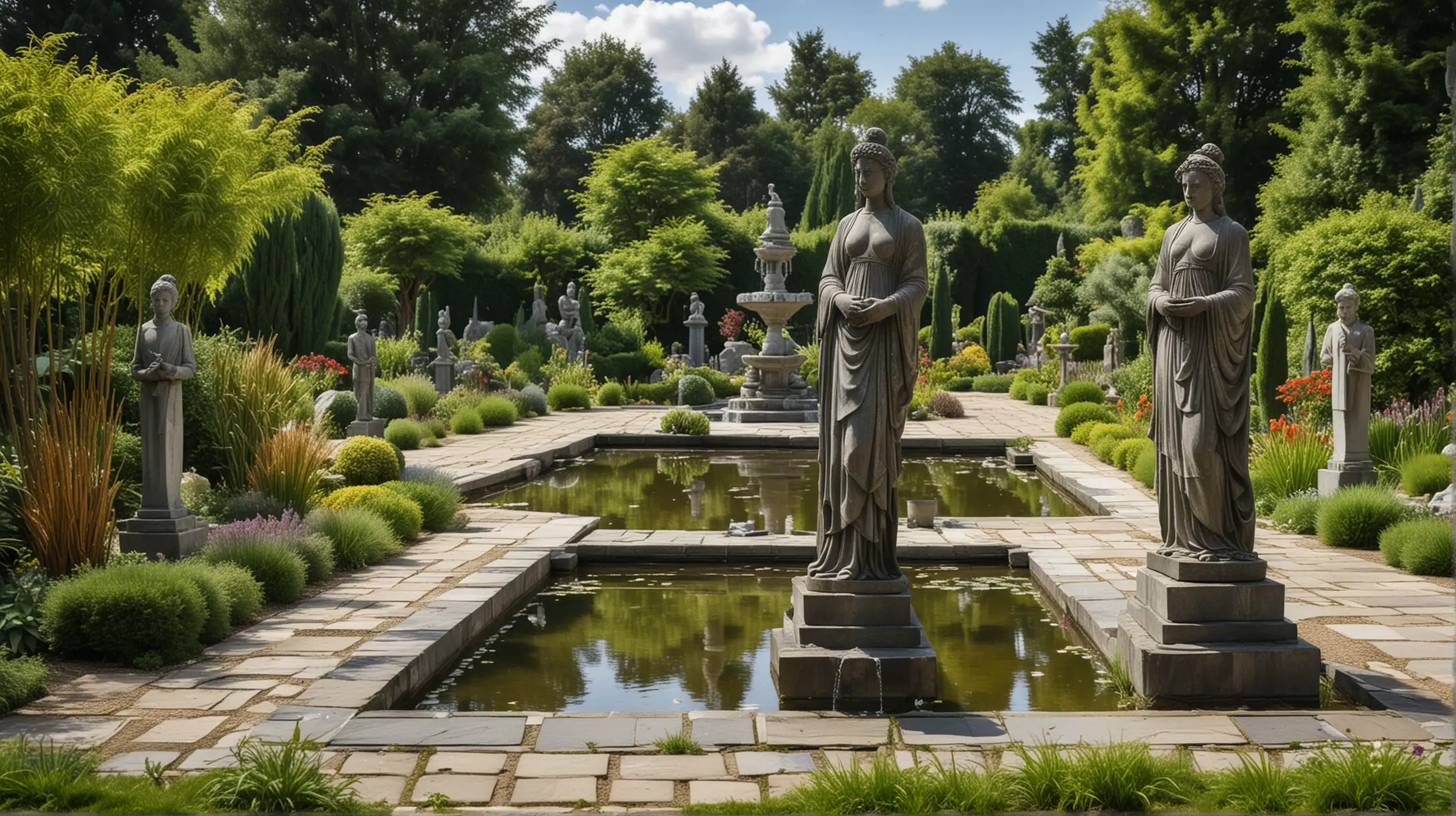 large spacious garden with tall plants and beautiful slate statues, smooth gravel, fountains, ponds, clear sky with a few small puffy clouds,

highly detailed, random details, imperfection, detailed colours hues tones patterns, saturated shadows,