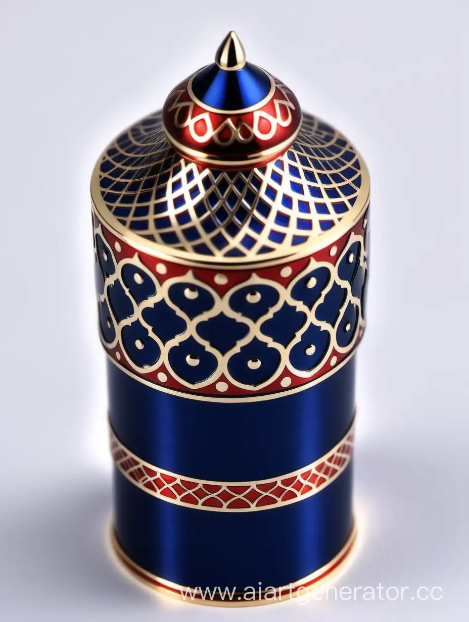 Zamac Perfume decorative ornamental long cap, SHINY DARK BLUE color with matt RED WHITE border line with dots in middle arabesque pattern shaped | metallizing finish