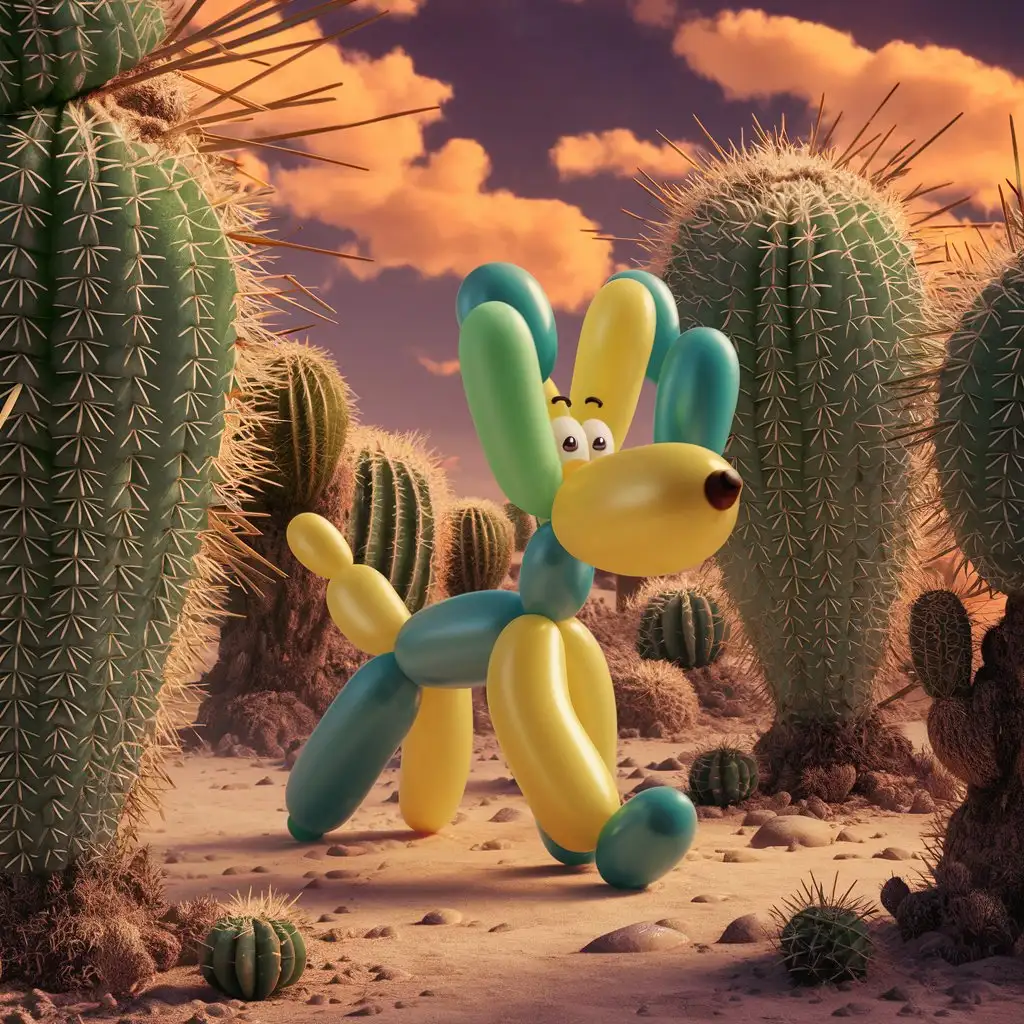 Balloon Dog Walking Among Cacti with Long Spines