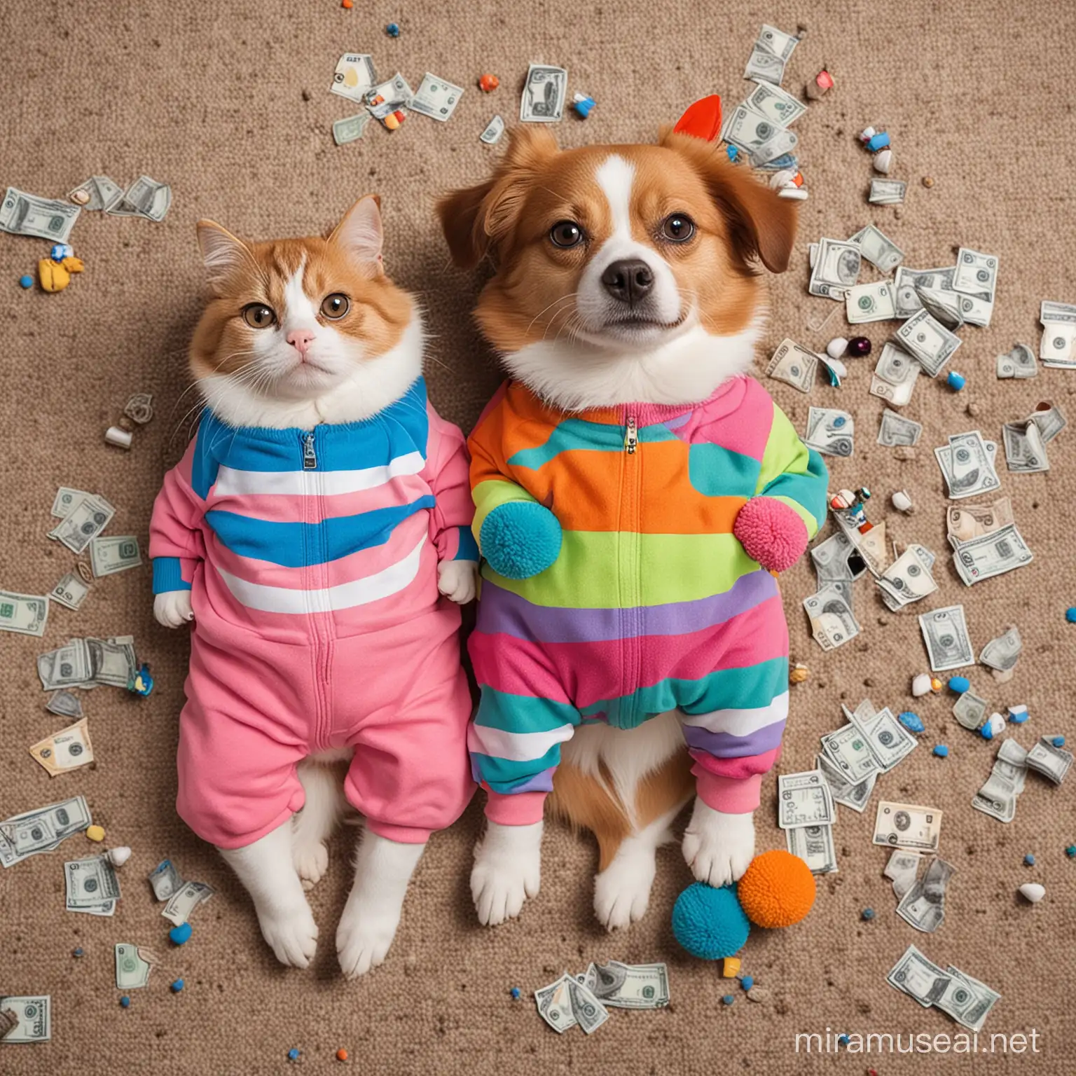 a dog and a cat in colorful tracksuits relaxing on their backs laying on a pile of money and pet toys