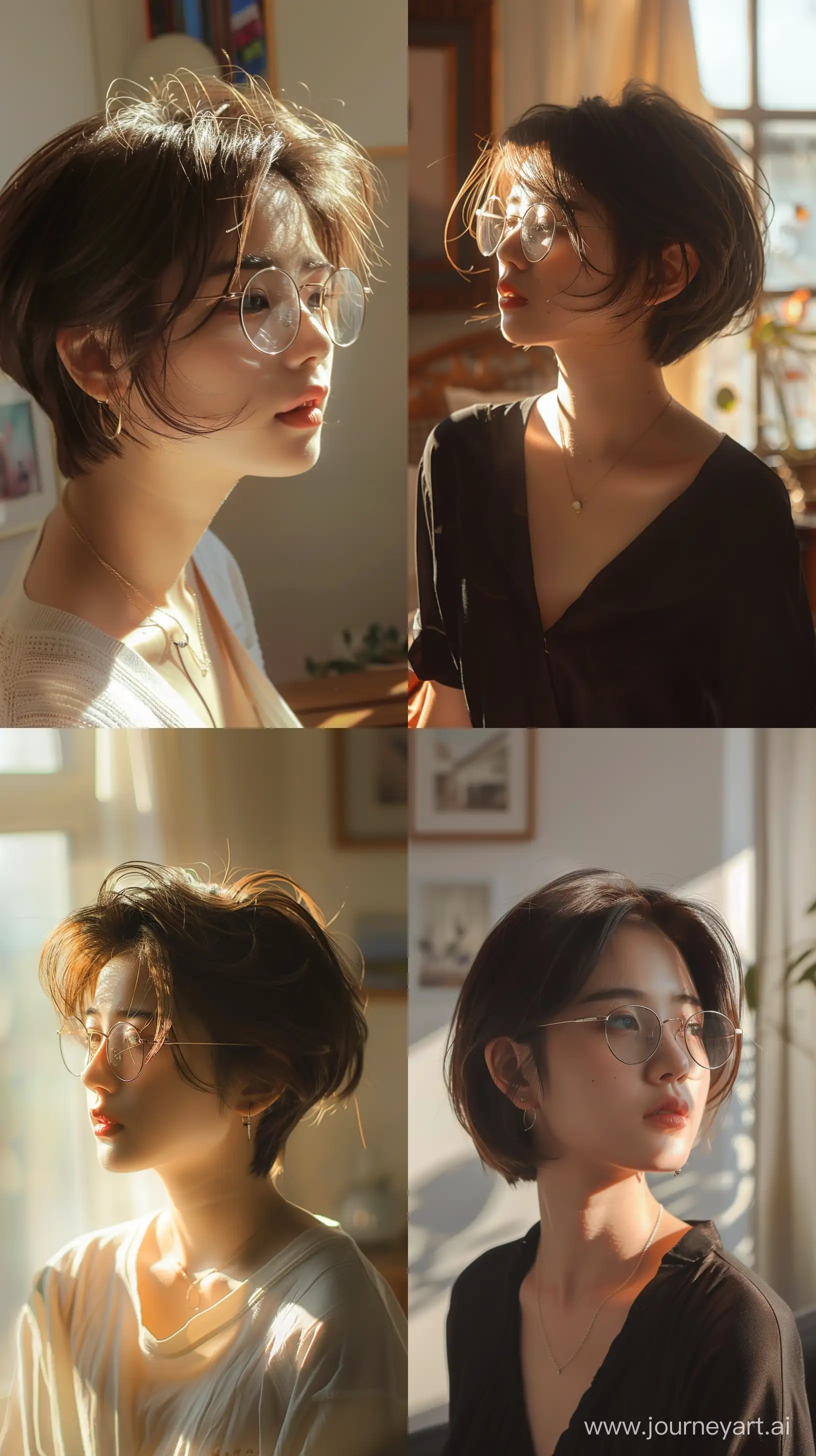 Stylish-Asian-Woman-with-Short-Hair-and-Glasses-in-Sunlit-Room