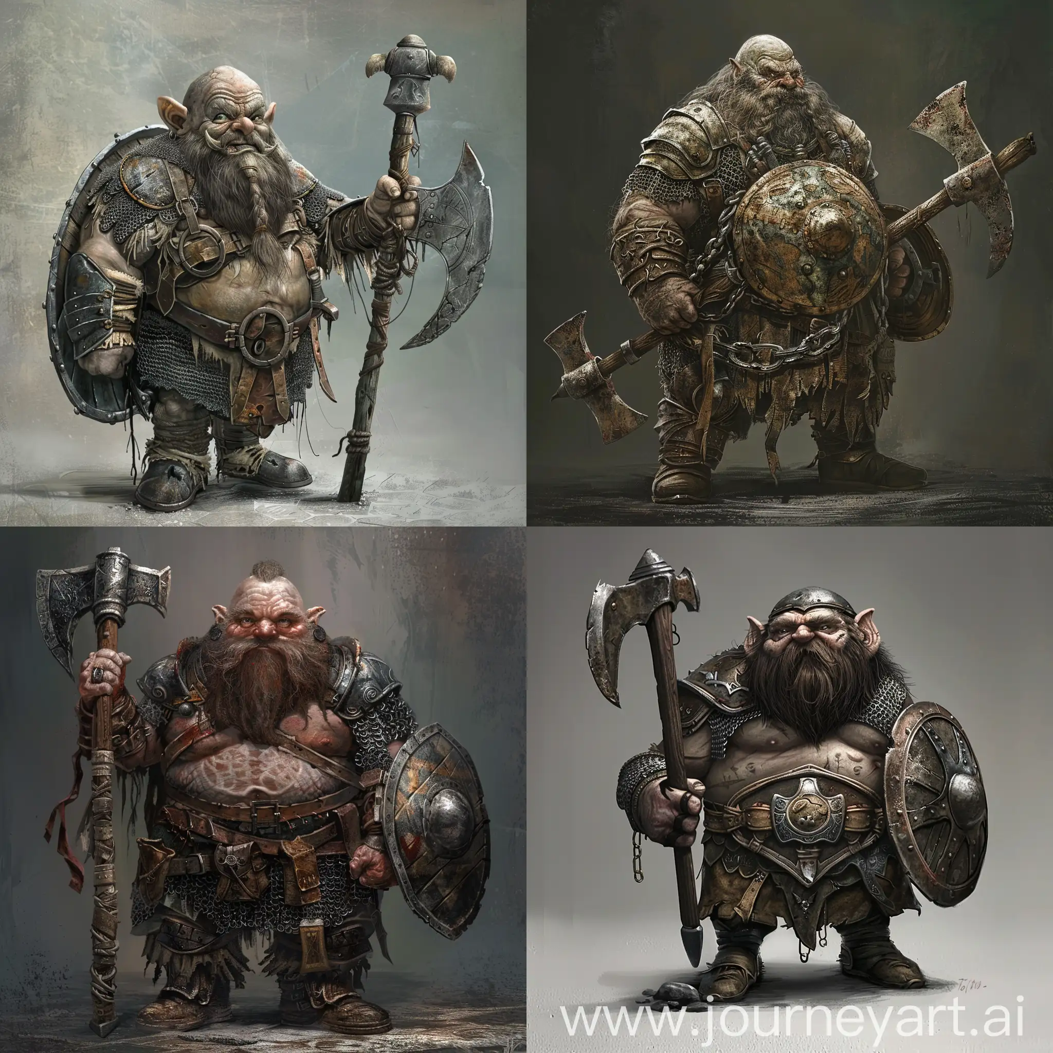 A human looking dwarf, 4 feet tall, obese, weighs 120kg, has a caved in chest, wears a full body chainmail that also covers his head, has a shield on his back, has a big 6 feet battleaxe, he is blind in one eye, he is extremely pale, long beard