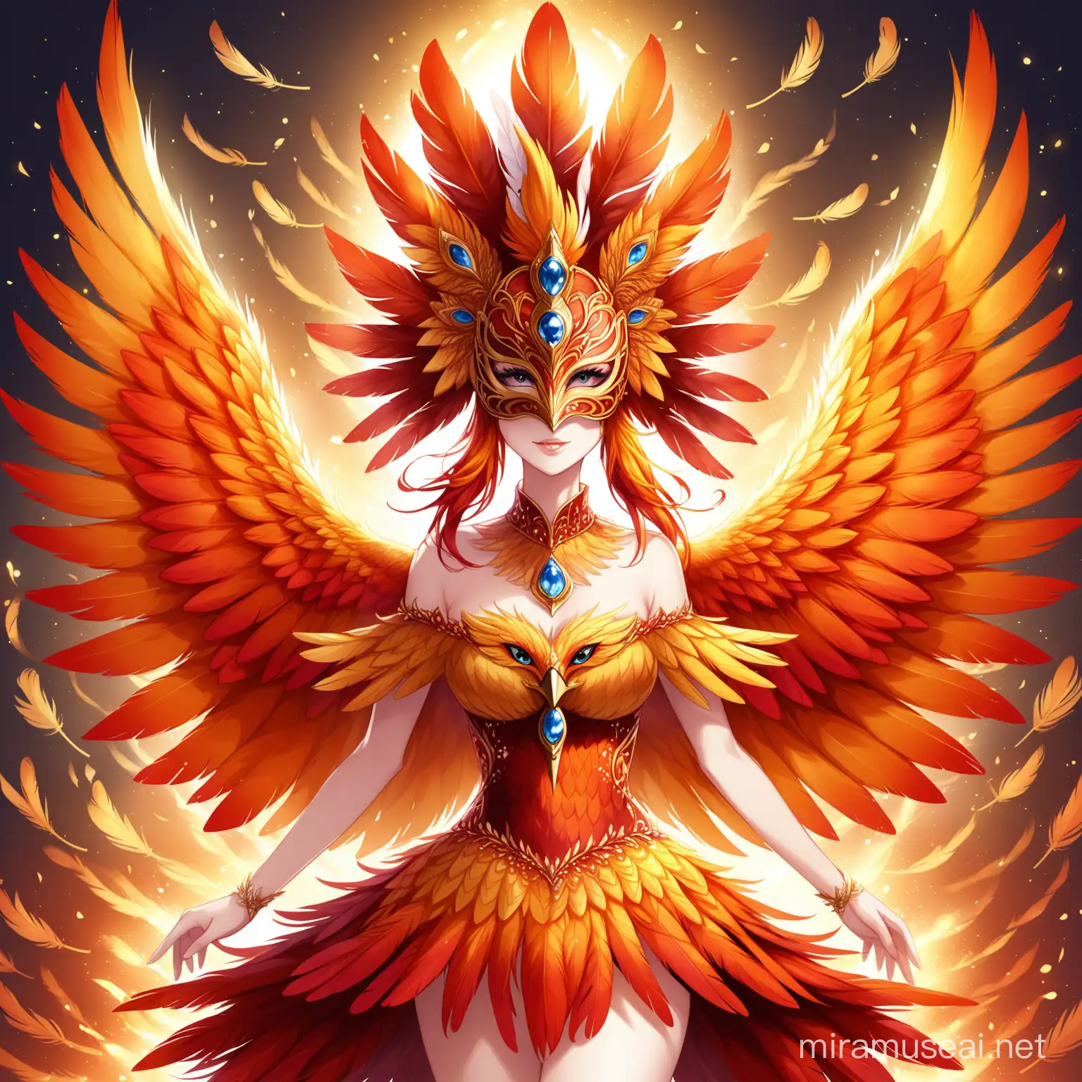 Majestic Phoenix Bird with Feather Dress and Masquerade Ball Mask