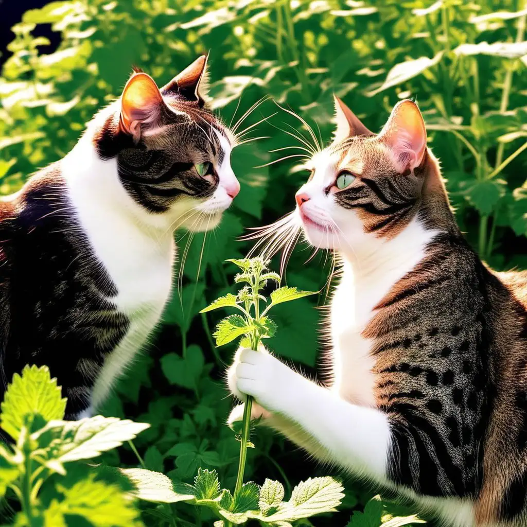 Playful Cats Enjoying Catnip in a Vibrant Garden Setting