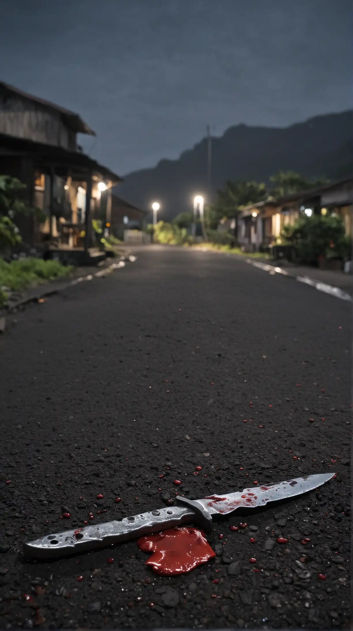 Ambiance de l'ile de la Réunion village glauque de nuit.

Avec un couteau plein de sang au premier plan